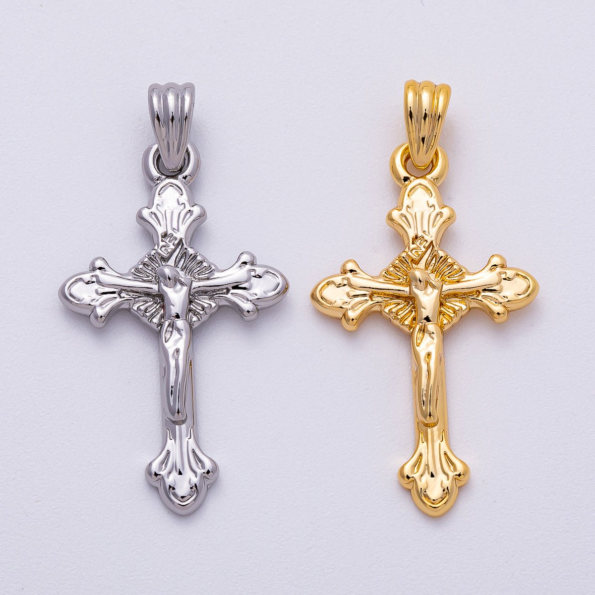 24K Gold Filled Religious Crucifix Fleur Cross Pendant in Gold & Silver | AA1609 - DLUXCA