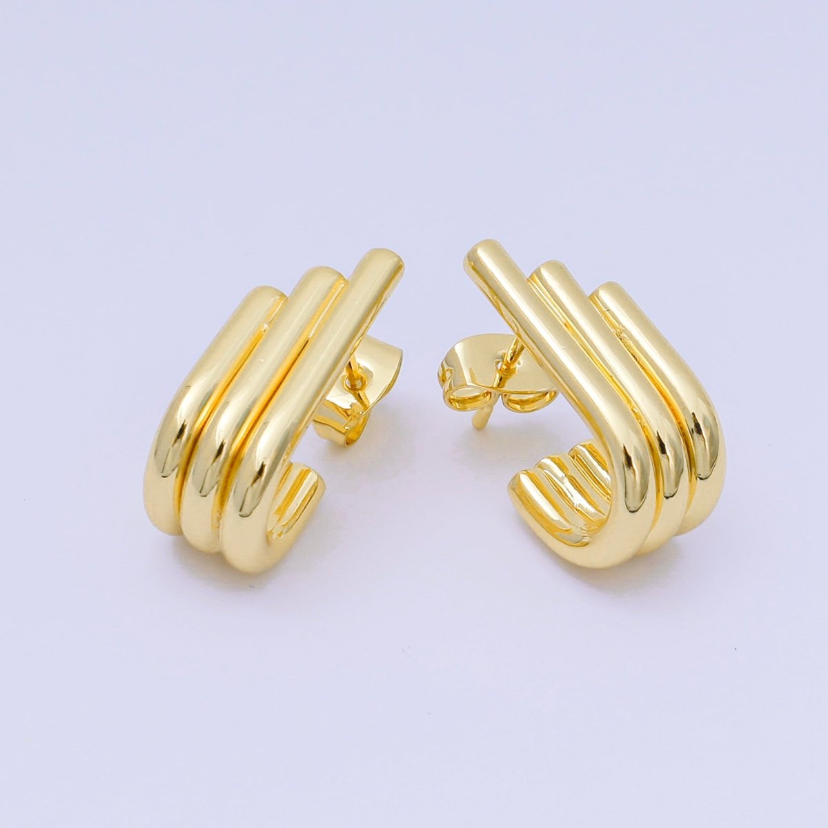 24K Gold Filled Ribbed Triple Linear Modern Shaped Hoop Earrings | AJ130 - DLUXCA
