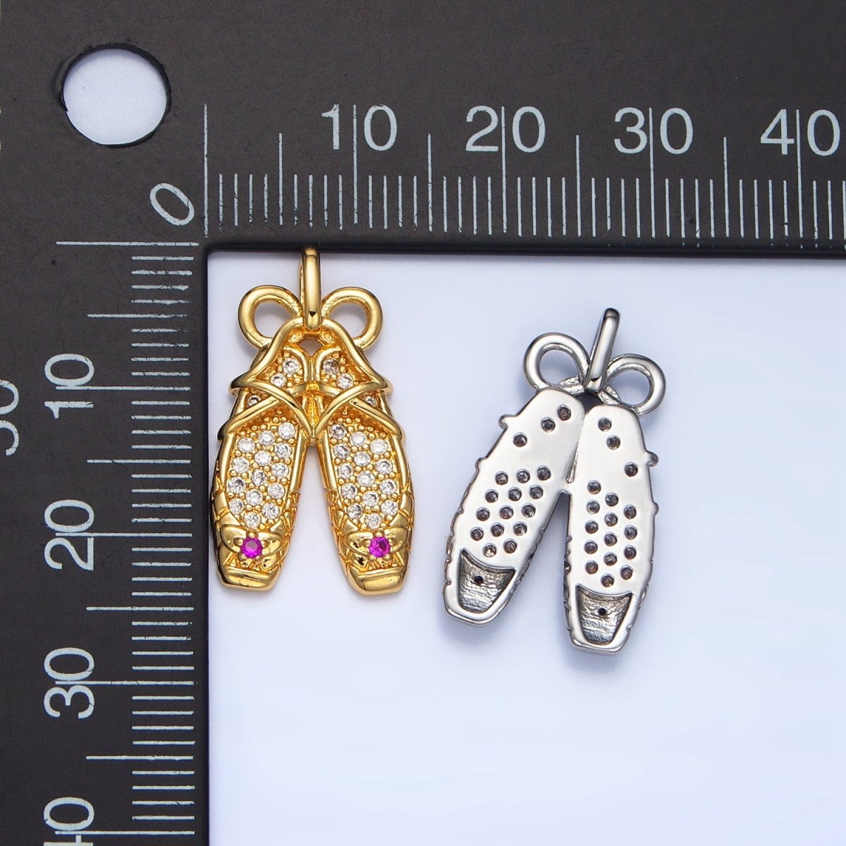 24K Gold Filled Ribbon Ballet Dancing Shoes Micro Paved CZ Pendant in Gold & Silver | AA119 - DLUXCA