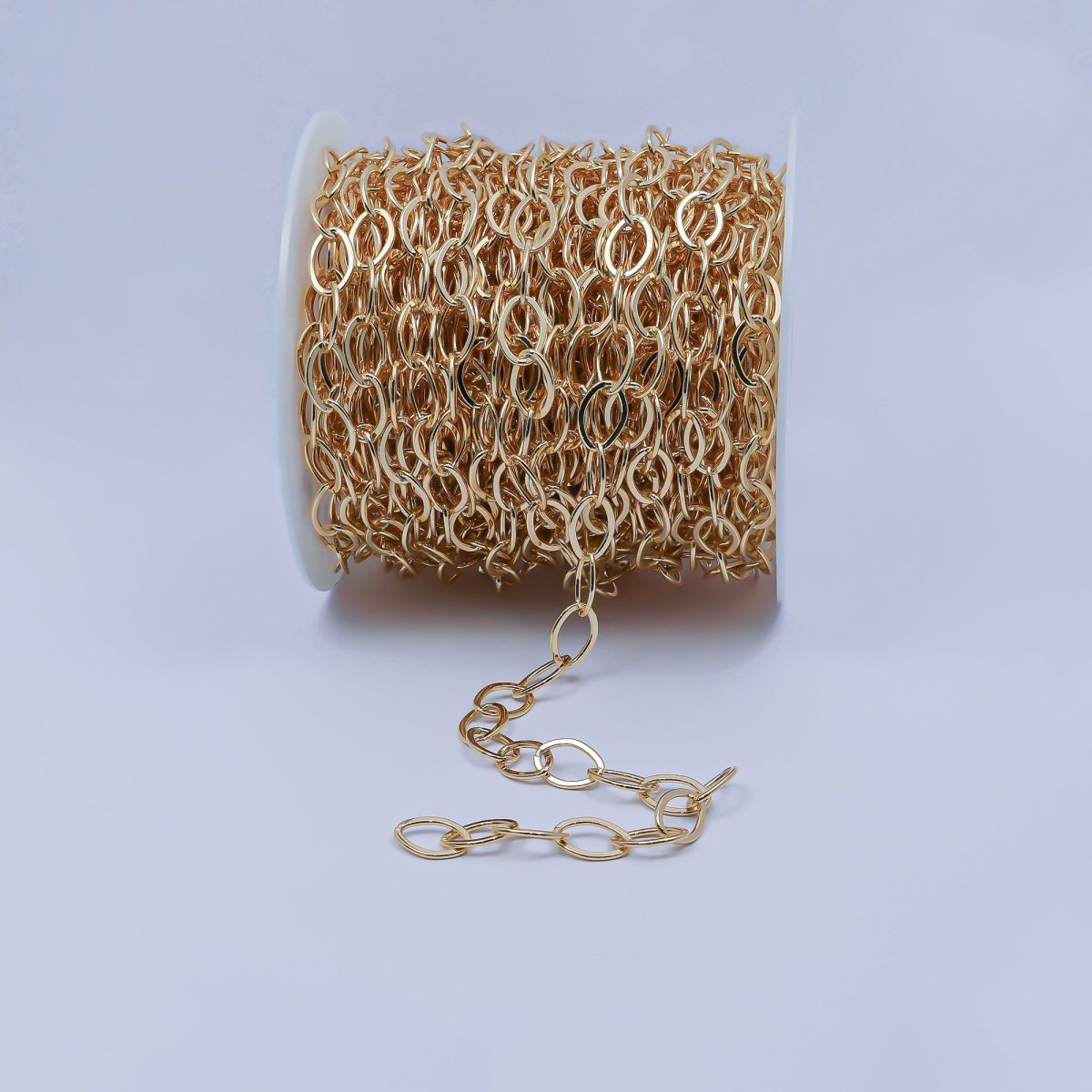 24K Gold Filled Rolo Unfinished Chain, 8X12mm Width, Thin Flat Minimalist Rolo For Jewelry Making, For Necklace, Bracelet, Anklet Supply Component | ROLL - 259 Clearance Pricing - DLUXCA