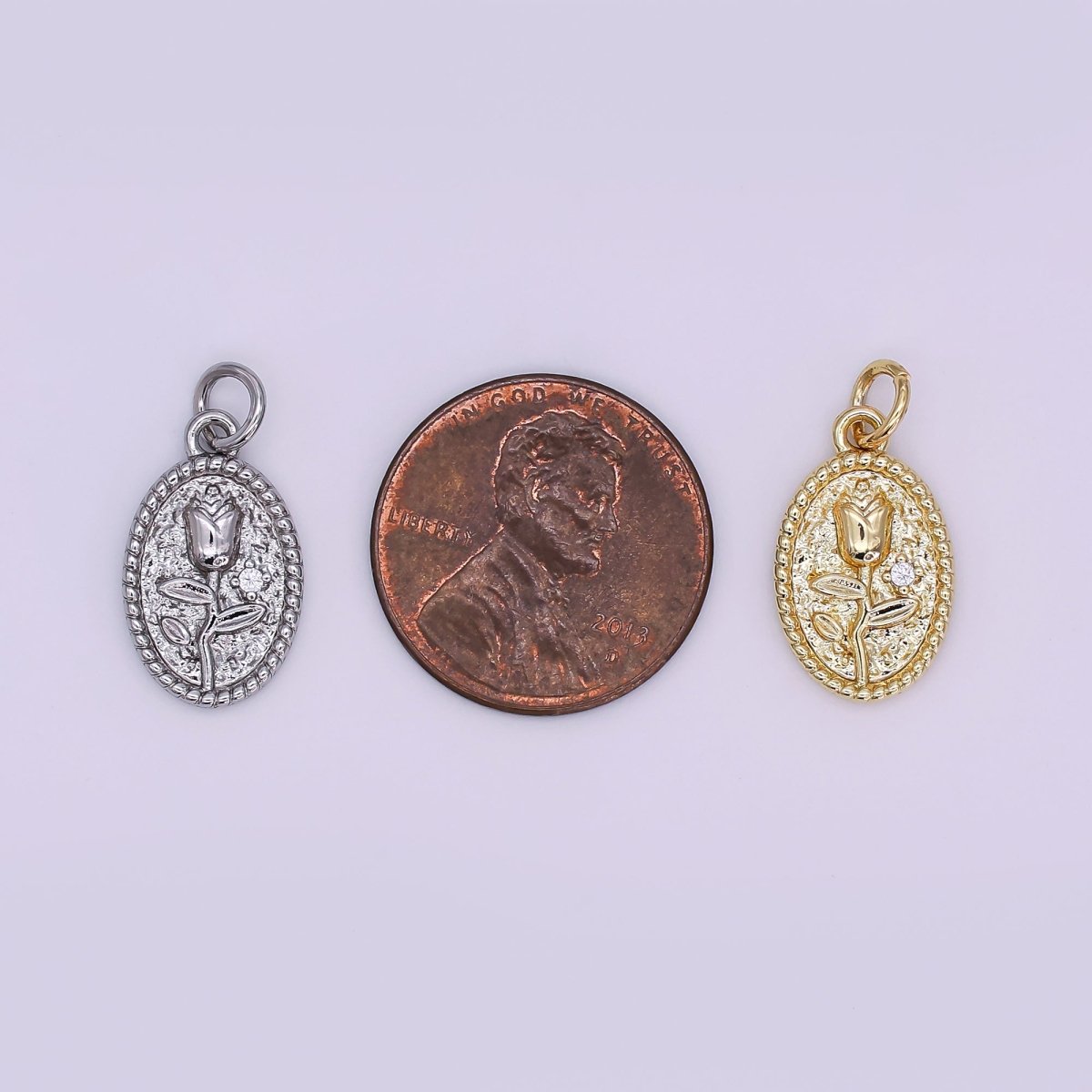24K Gold Filled Rose Flower Hammered Oval Charm in Gold & Silver | N957 - DLUXCA