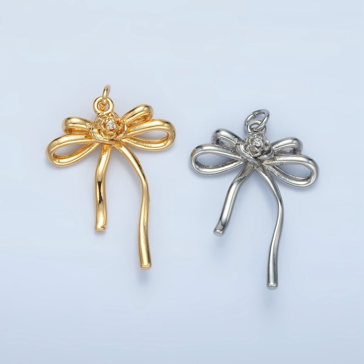 24K Gold Filled Rose Flower Ribbon Bow Charm in Gold & Silver | E373 - DLUXCA