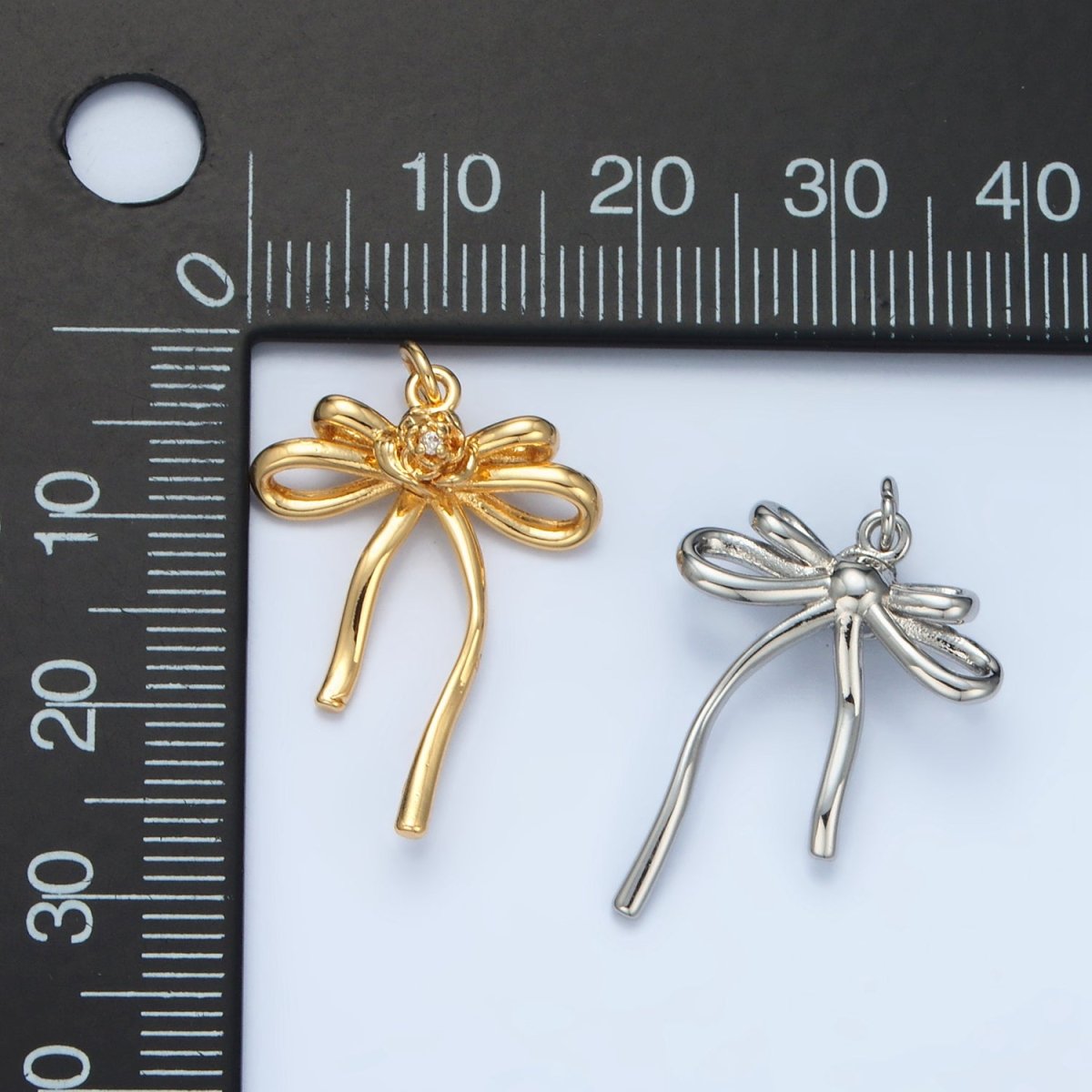 24K Gold Filled Rose Flower Ribbon Bow Charm in Gold & Silver | E373 - DLUXCA