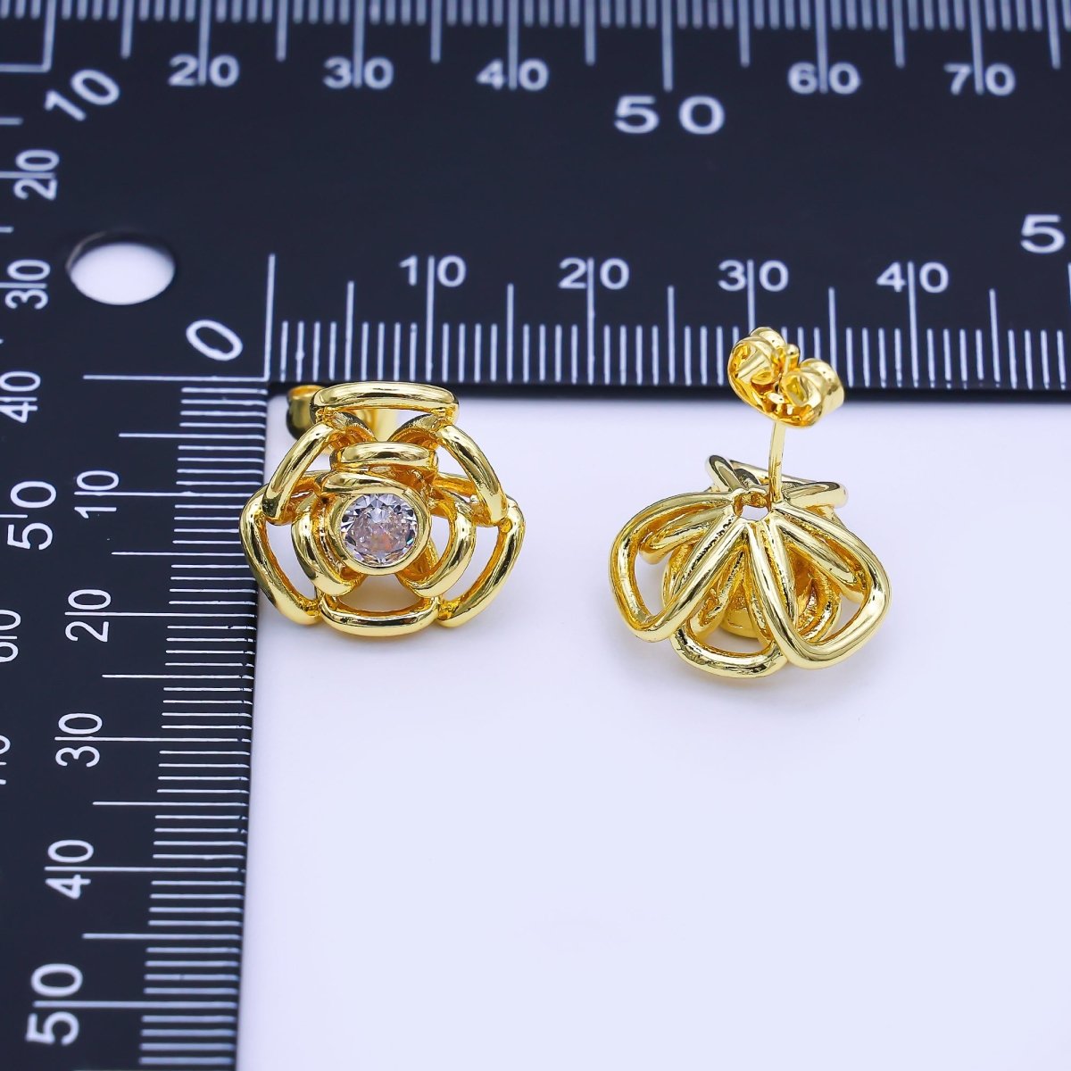 24K Gold Filled Round CZ Dream Rose Flower Crown Stud Earrings | AI512 - DLUXCA