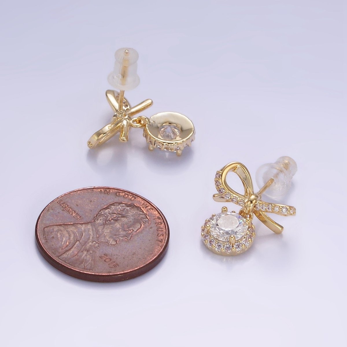 24K Gold Filled Round CZ Drop Micro Paved Ribbon Bow Stud Earrings in Gold & Silver | V524 V525 - DLUXCA