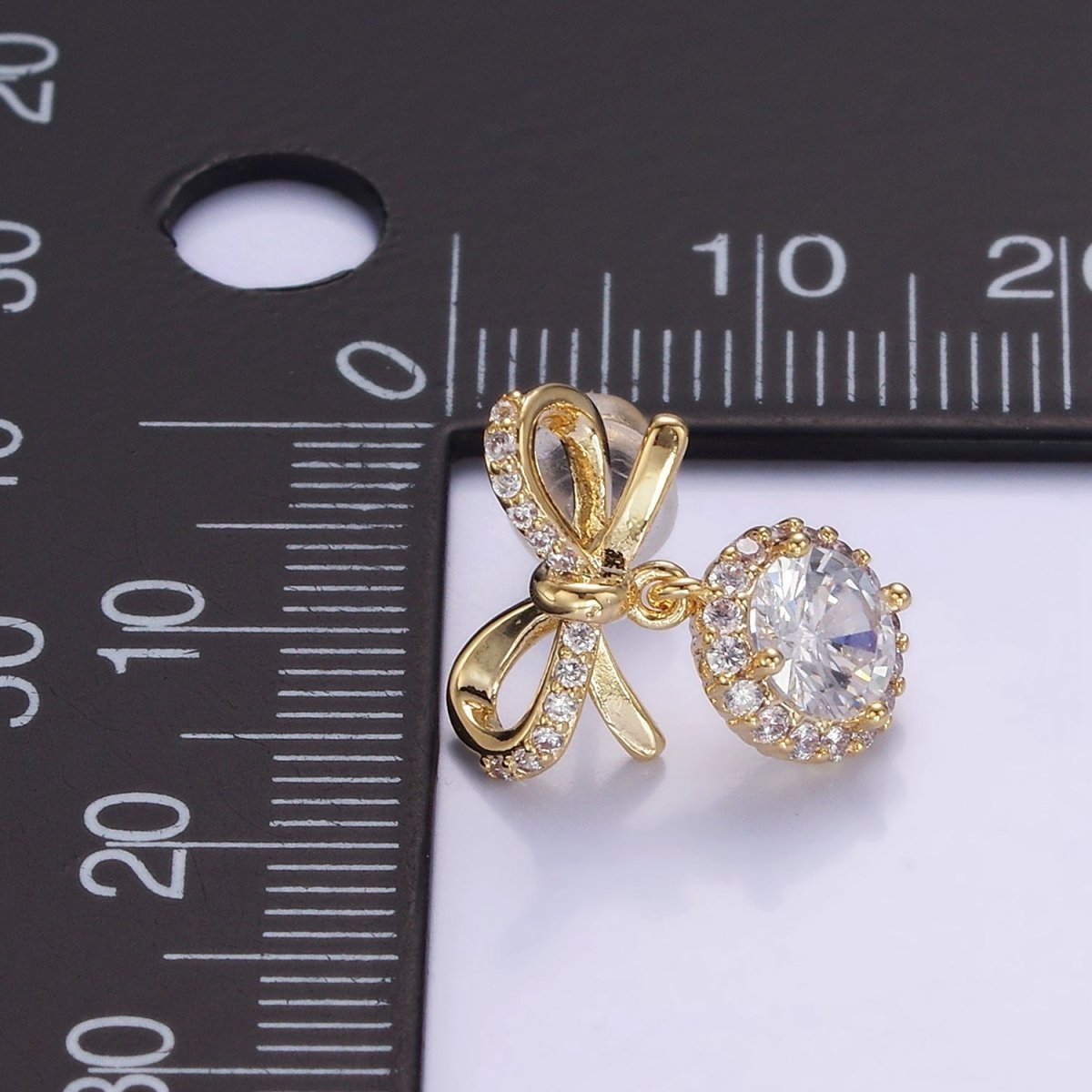 24K Gold Filled Round CZ Drop Micro Paved Ribbon Bow Stud Earrings in Gold & Silver | V524 V525 - DLUXCA