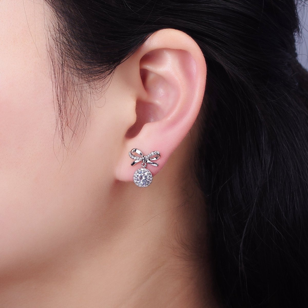 24K Gold Filled Round CZ Drop Micro Paved Ribbon Bow Stud Earrings in Gold & Silver | V524 V525 - DLUXCA