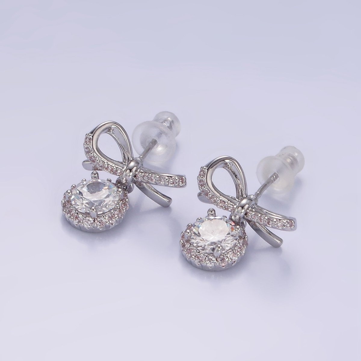 24K Gold Filled Round CZ Drop Micro Paved Ribbon Bow Stud Earrings in Gold & Silver | V524 V525 - DLUXCA