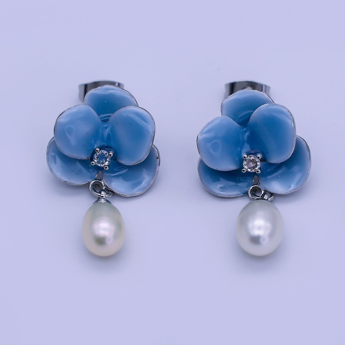 24K Gold Filled Round CZ Enamel Art Sky Blue Orchid Flower Shell Pearl Drop Stud Earrings in Gold & Silver | AJ - 106 AJ - 107 - DLUXCA