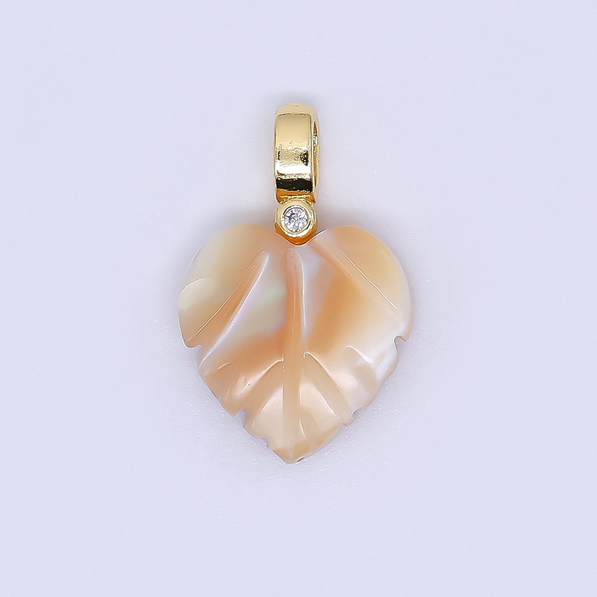 24K Gold Filled Round CZ Shell Pearl Monstera Leaf Charm | AF - 555 P - 1680 - DLUXCA