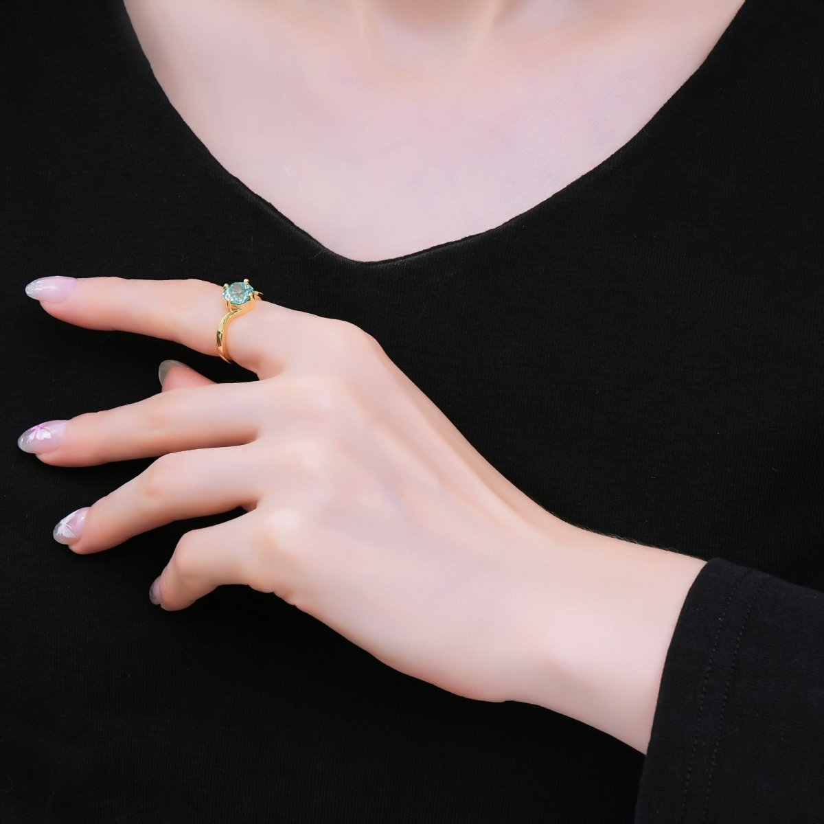 24K Gold Filled Round CZ Simple Classic Round Cut Adjustable Birthstone Ring | O - 1494 - O - 1500, O - 1511 O - 1566 O - 1579 O - 1580 O - 1593 O - 1599 O - 1600 - DLUXCA