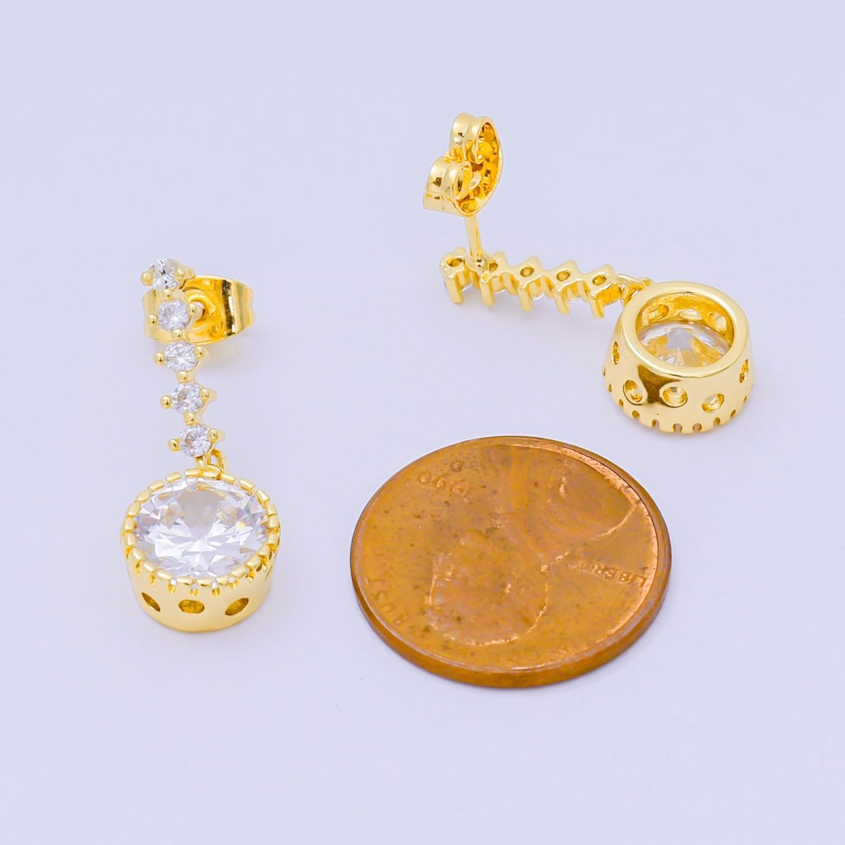 24K Gold Filled Round Micro Paved CZ Linear Drop Stud Earrings in Gold & Silver | AJ134 AJ135 - DLUXCA