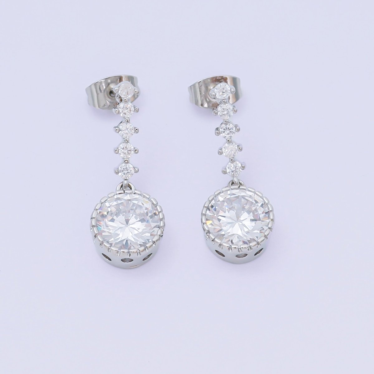 24K Gold Filled Round Micro Paved CZ Linear Drop Stud Earrings in Gold & Silver | AJ134 AJ135 - DLUXCA