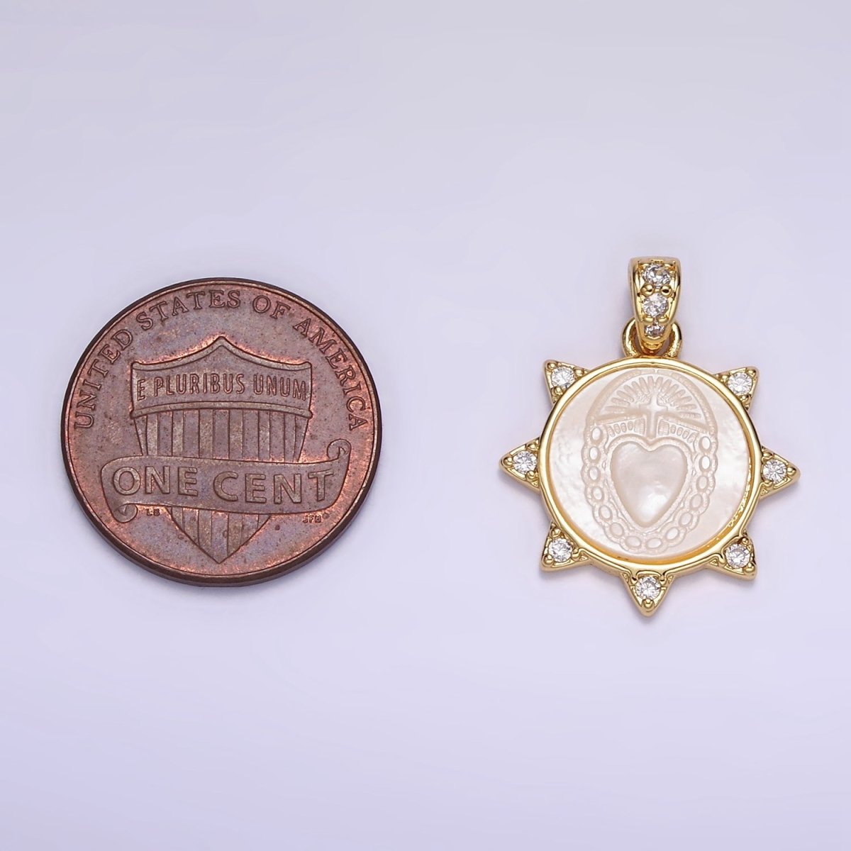 24K Gold Filled Sacred Heart Celestial Sun CZ Shell Pearl Pendant | AA056 - DLUXCA