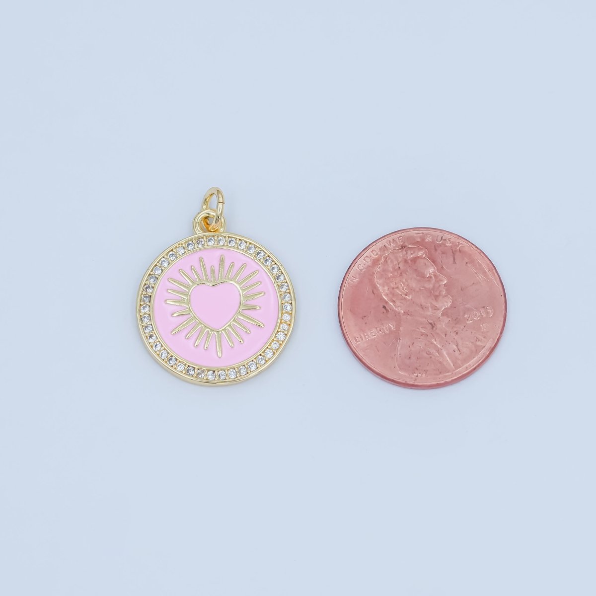 24K Gold Filled Sacred Heart Pink Enamel Micro Paved Round Charm | M185 - DLUXCA