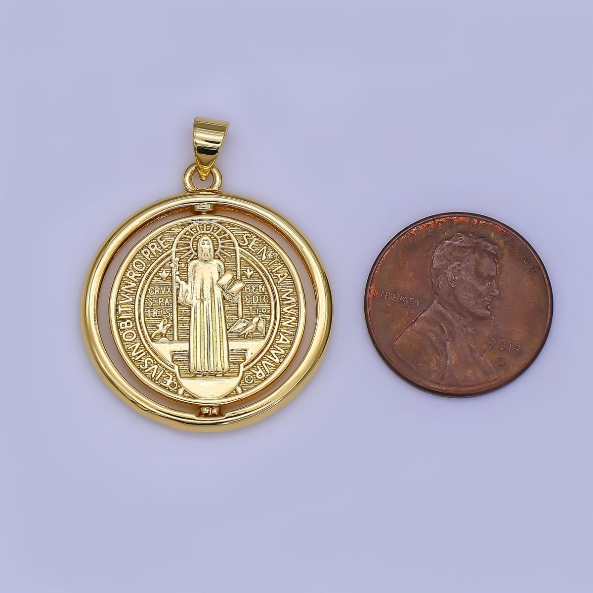 24K Gold Filled Saint Benedict Religious Figure Round Pendant | AH452 - DLUXCA