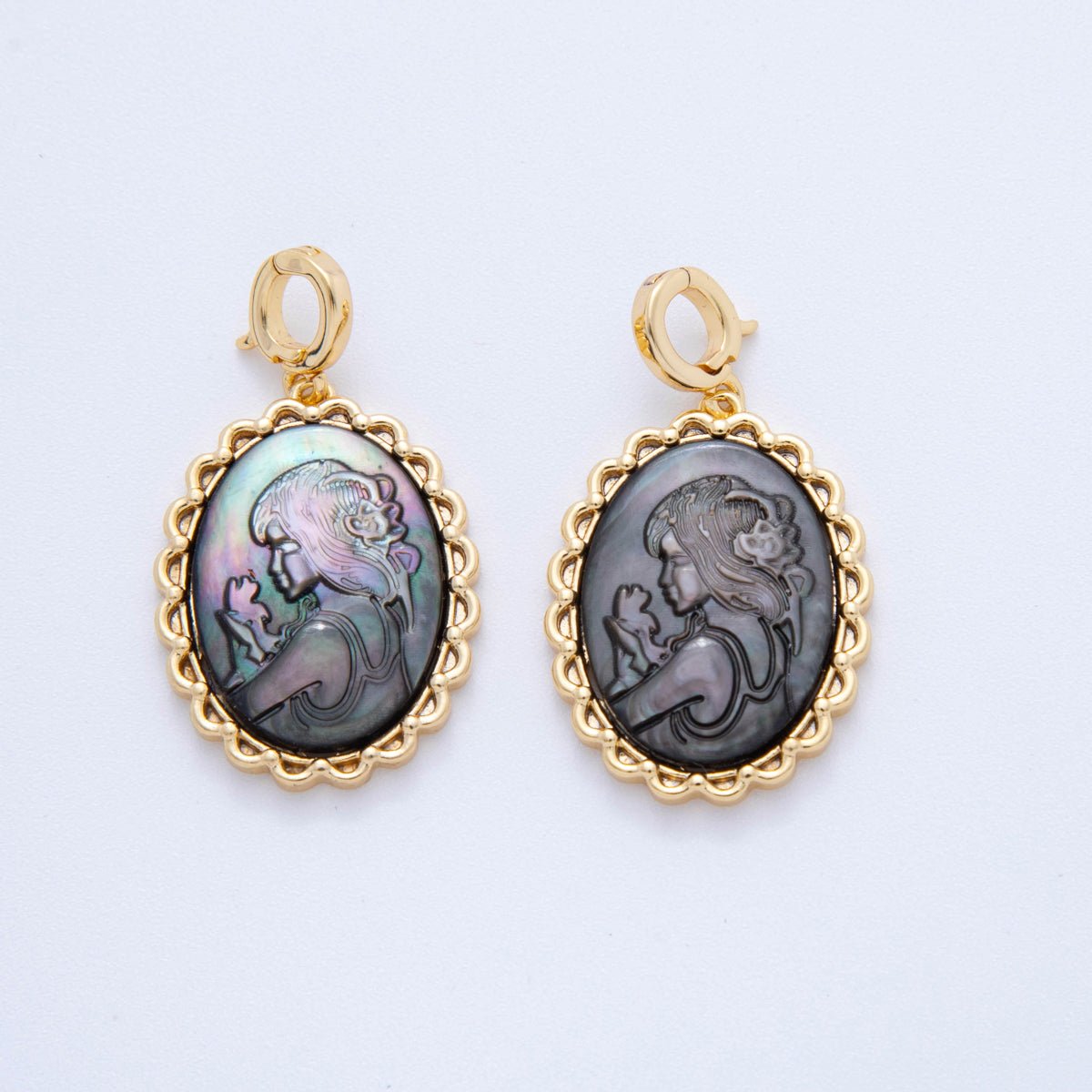 24K Gold Filled Shell Pearl Abalone Girl Women Portrait Oval Snap Latch Pendant | AH781 - AH783 - DLUXCA