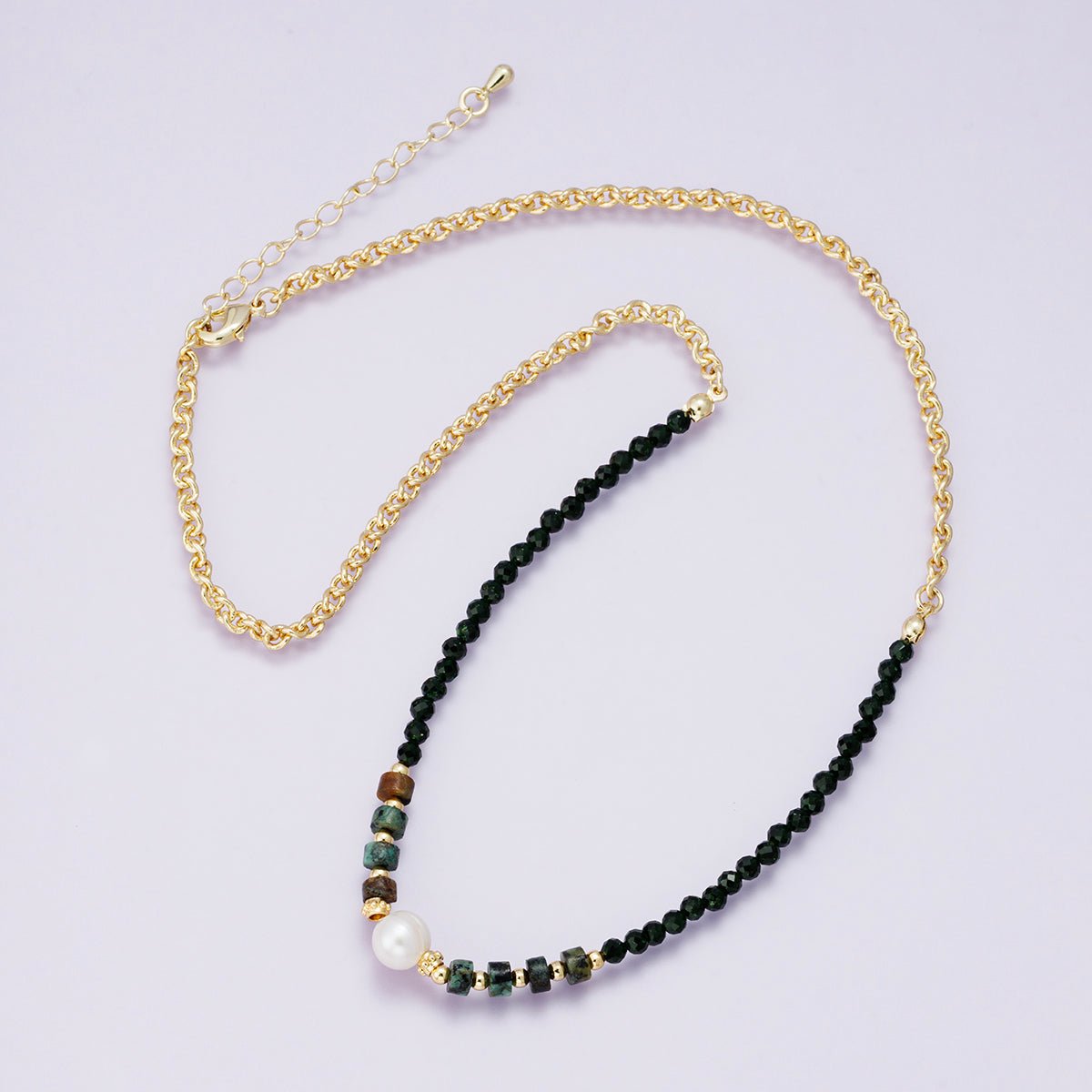 24K Gold Filled Shell Pearl Amazonite Multifaceted Gemstone Cable Chain Half 18 Inch Necklace w. Extender | WA - 04230 - DLUXCA