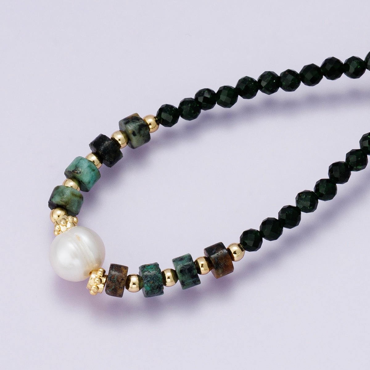 24K Gold Filled Shell Pearl Amazonite Multifaceted Gemstone Cable Chain Half 18 Inch Necklace w. Extender | WA - 04230 - DLUXCA