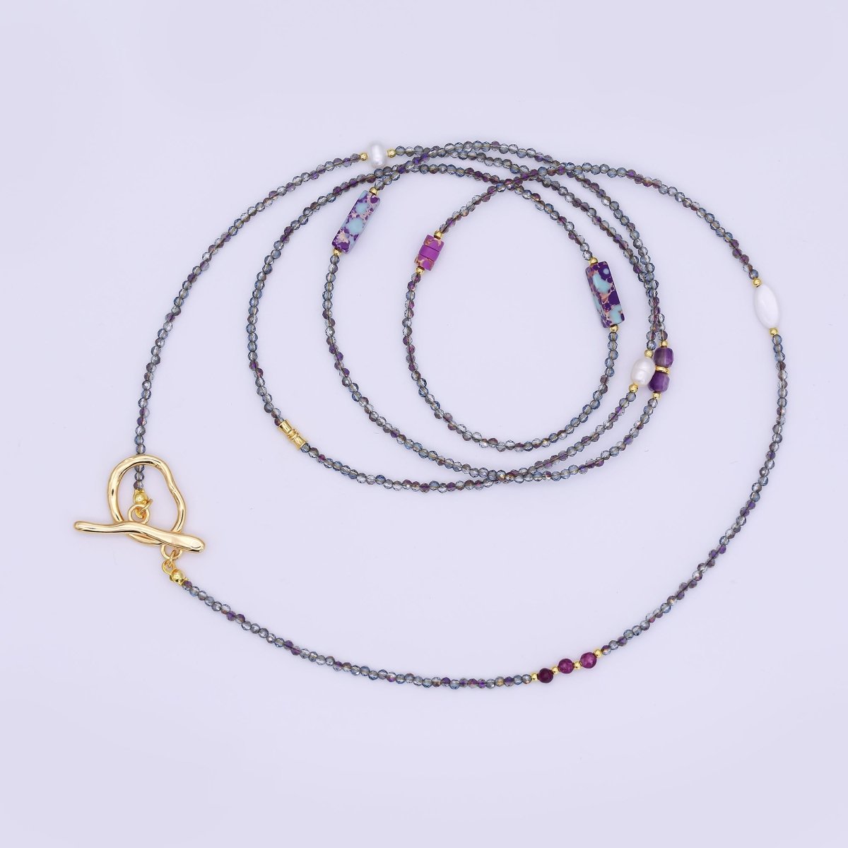 24K Gold Filled Shell Pearl Amethyst Jasper Dark Crystal Gemstone 40 Inches Necklace | WA - 3083 - DLUXCA