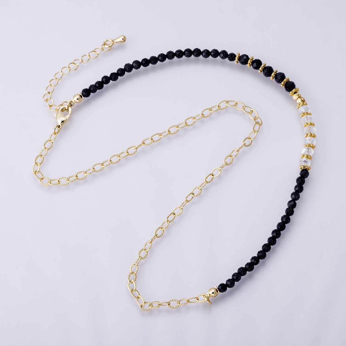 24K Gold Filled Shell Pearl Blue Sunstone Multifaceted Gemstone Ball Cable Chain Half 16.5 Inch Necklace w. Extender | WA - 04172 - DLUXCA