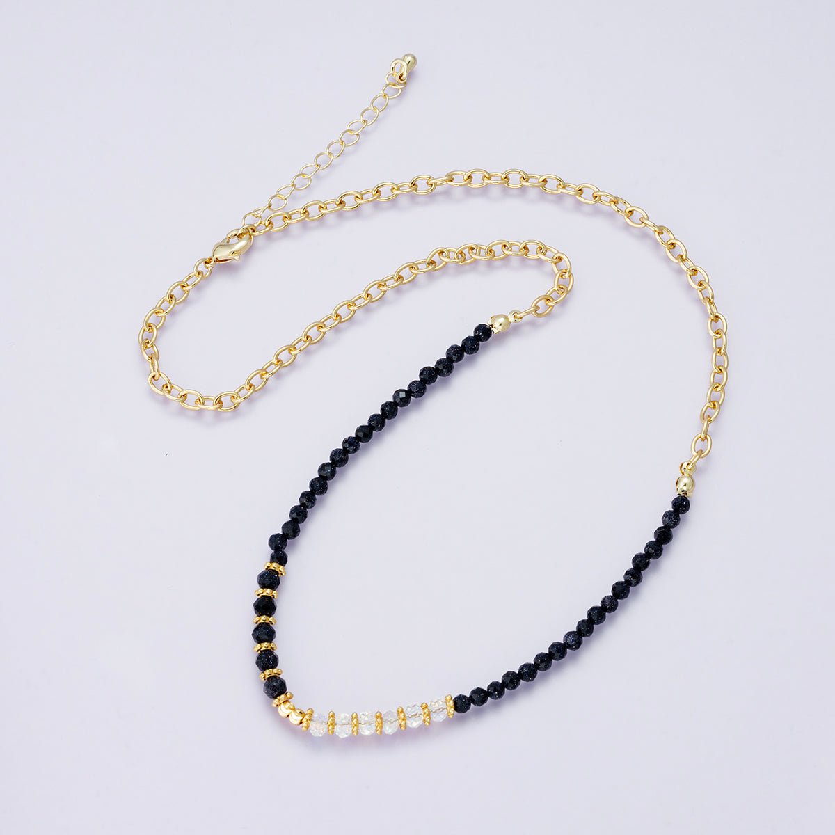 24K Gold Filled Shell Pearl Blue Sunstone Multifaceted Gemstone Ball Cable Chain Half 17 Inch Necklace w. Extender | WA - 04235 - DLUXCA