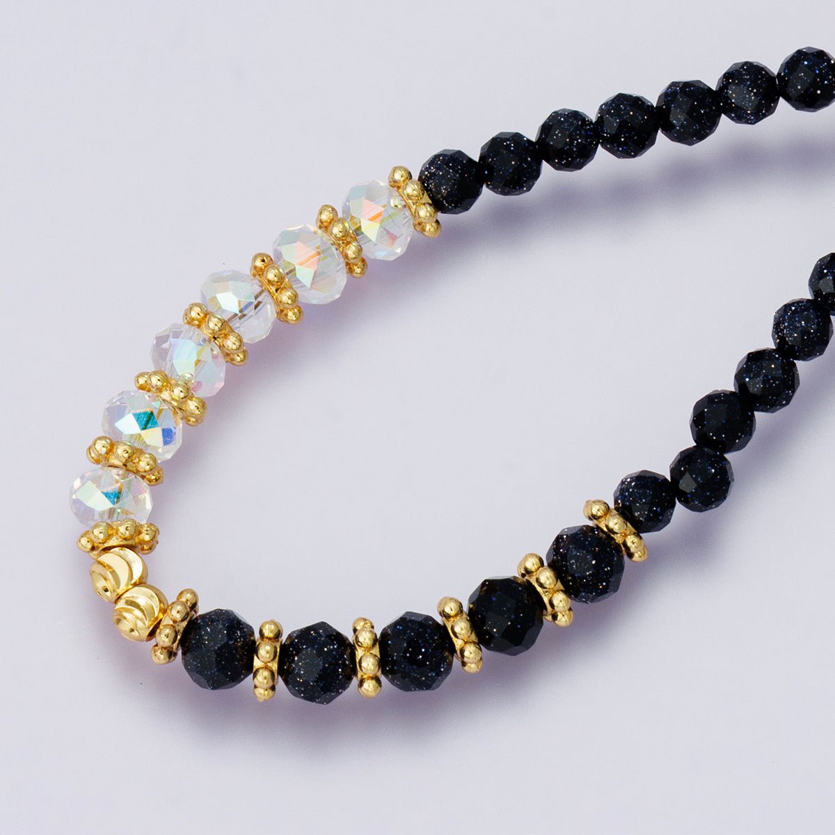 24K Gold Filled Shell Pearl Blue Sunstone Multifaceted Gemstone Ball Cable Chain Half 17 Inch Necklace w. Extender | WA - 04235 - DLUXCA