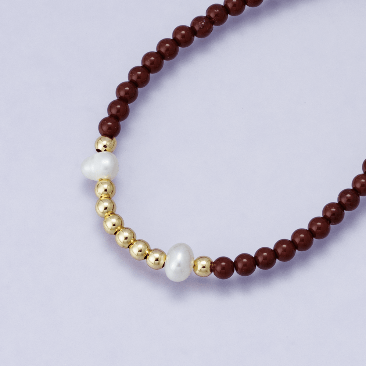 24K Gold Filled Shell Pearl Carnelian Ball Gemstone Paperclip Chain Half 16.5 Inch Necklace | WA - 04209 - DLUXCA