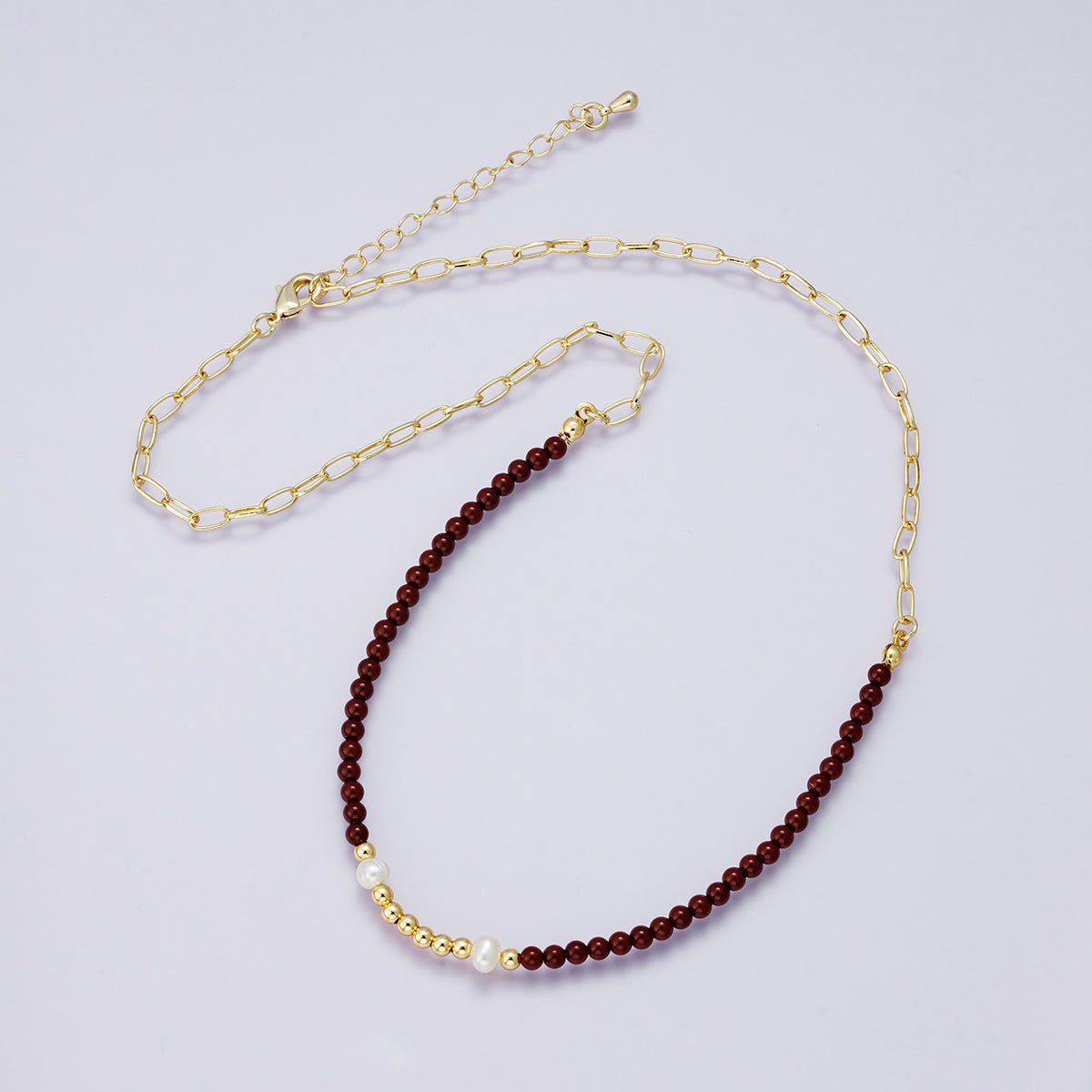 24K Gold Filled Shell Pearl Carnelian Ball Gemstone Paperclip Chain Half 18 Inch Necklace w. Extender | WA - 04214 - DLUXCA