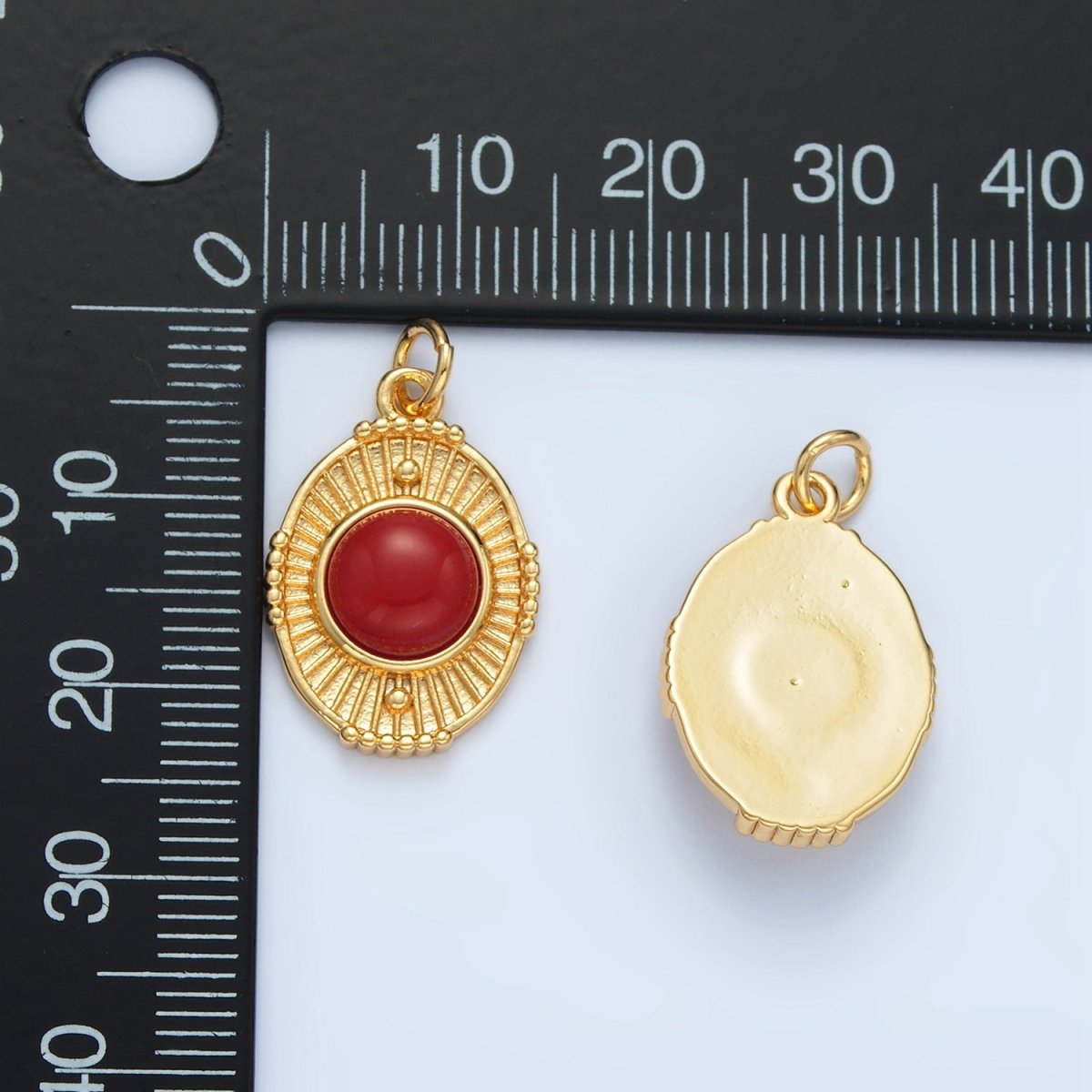 24K Gold Filled Shell Pearl, Carnelian Beaded Sunburst Oval Charm | X594 - DLUXCA