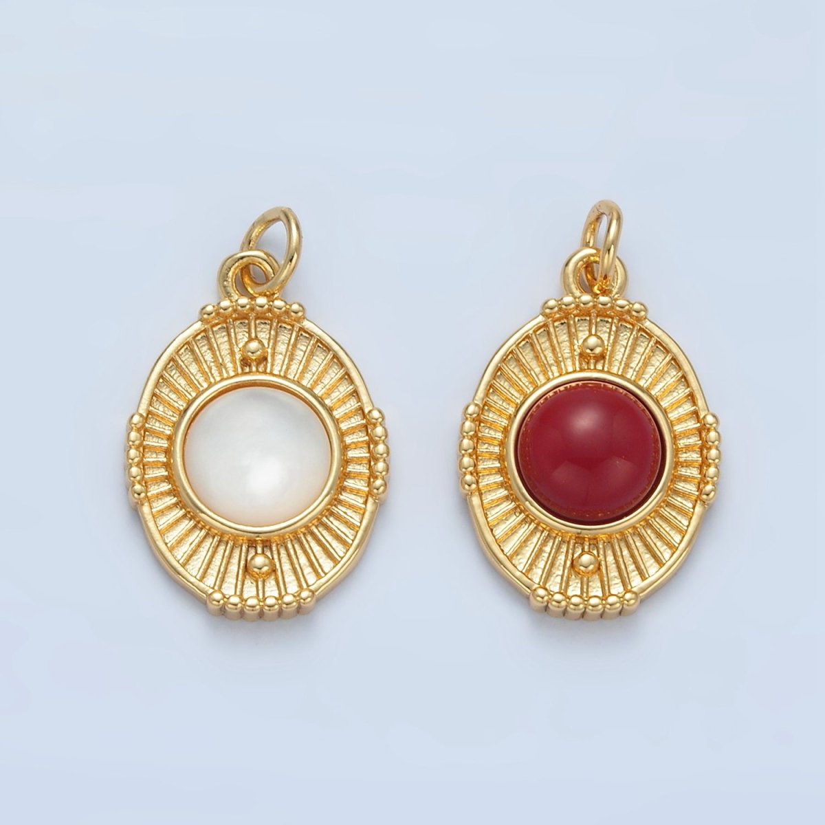 24K Gold Filled Shell Pearl, Carnelian Beaded Sunburst Oval Charm | X594 - DLUXCA