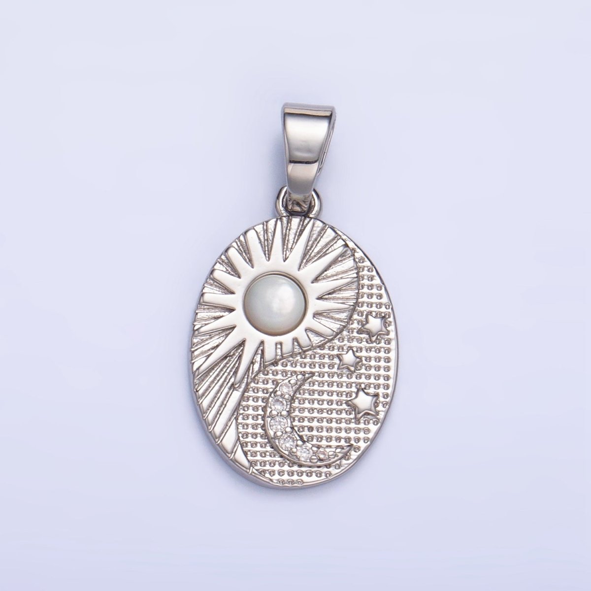 24K Gold Filled Shell Pearl Celestial Moon Star Sun Sunburst Oval Pendant in Gold & Silver | AA1021 - DLUXCA