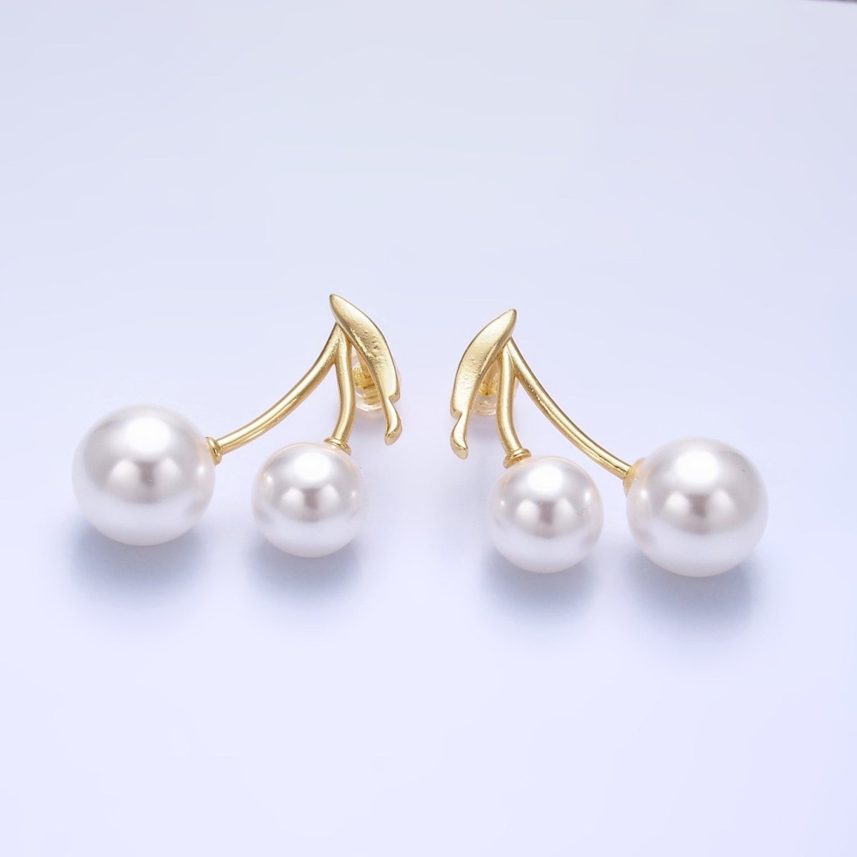 24K Gold Filled Shell Pearl Cherry Fruit Stud Earrings in Gold & Silver | AB868 - DLUXCA