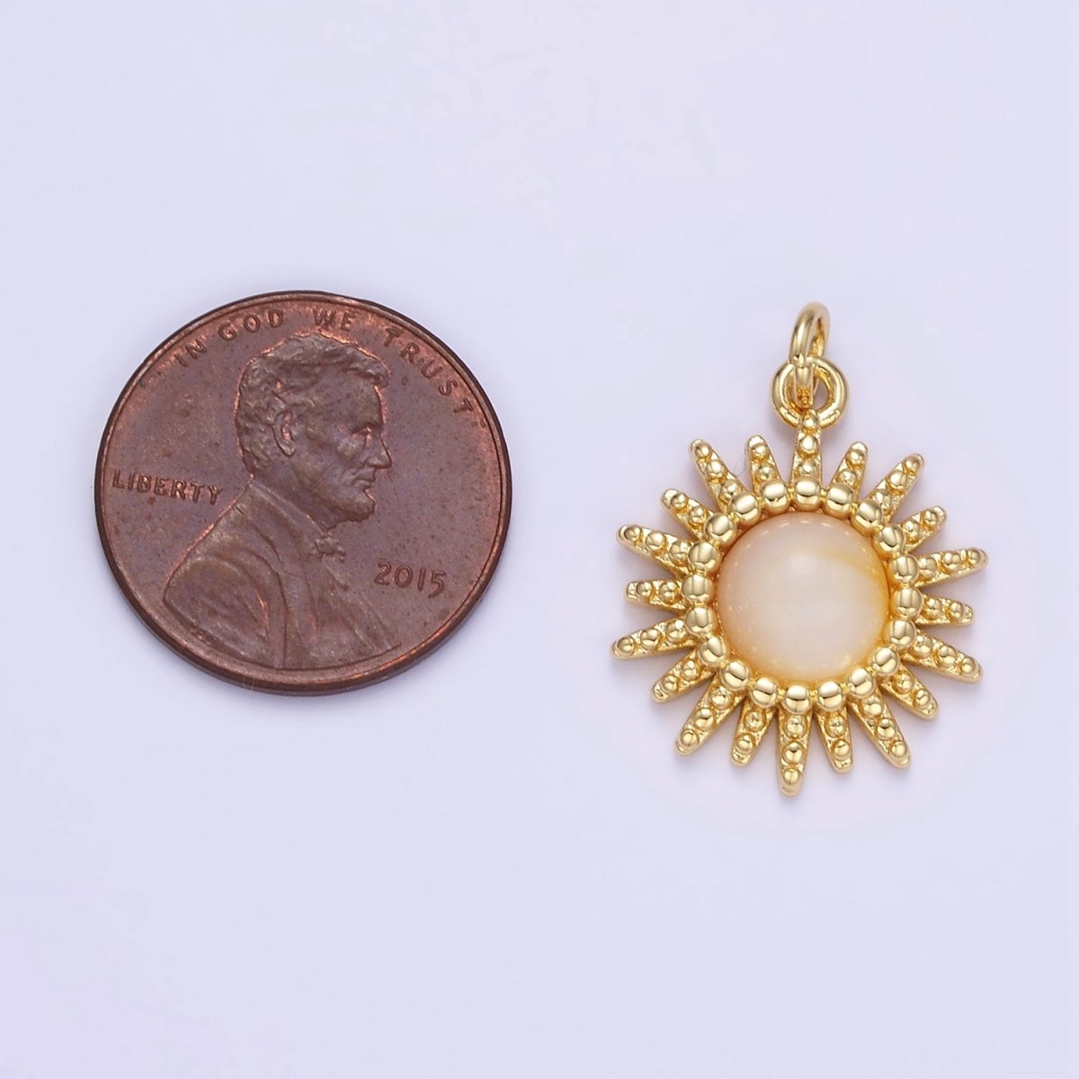 24K Gold Filled Shell Pearl Dotted Celestial Sun Charm | E355 - DLUXCA