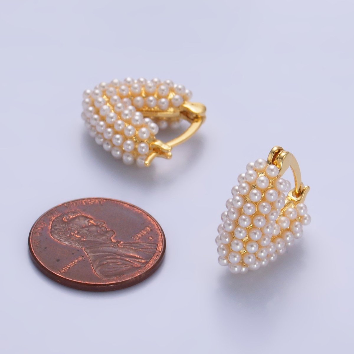 24K Gold Filled Shell Pearl Dotted Heart V - Shaped Latch Hoop in Gold & Silver | AB694 AB695 - DLUXCA