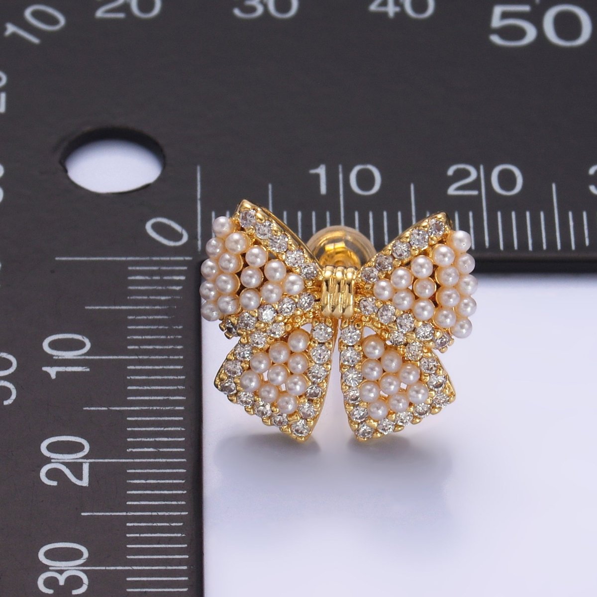 24K Gold Filled Shell Pearl Dotted Micro Paved CZ Ribbon Bow Stud Earrings in Gold & Silver | AB692 AB693 - DLUXCA