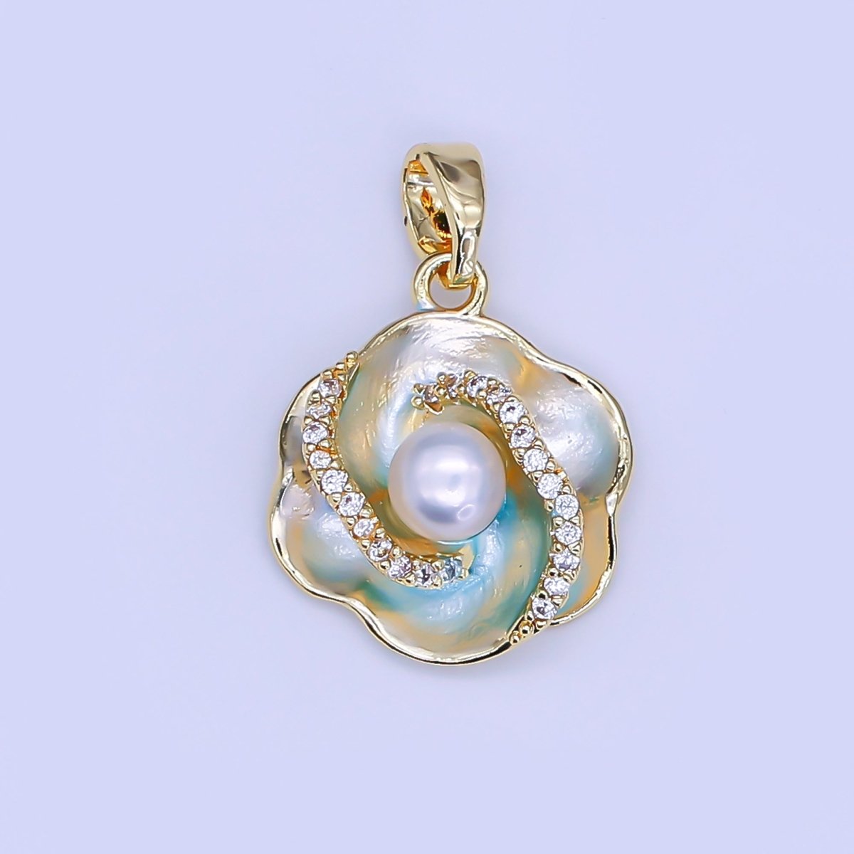 24K Gold Filled Shell Pearl Micro Paved CZ Blue Foil Daisy Flower Pendant in Gold & Silver | AH405 - DLUXCA