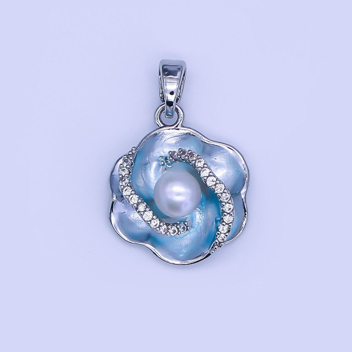 24K Gold Filled Shell Pearl Micro Paved CZ Blue Foil Daisy Flower Pendant in Gold & Silver | AH405 - DLUXCA