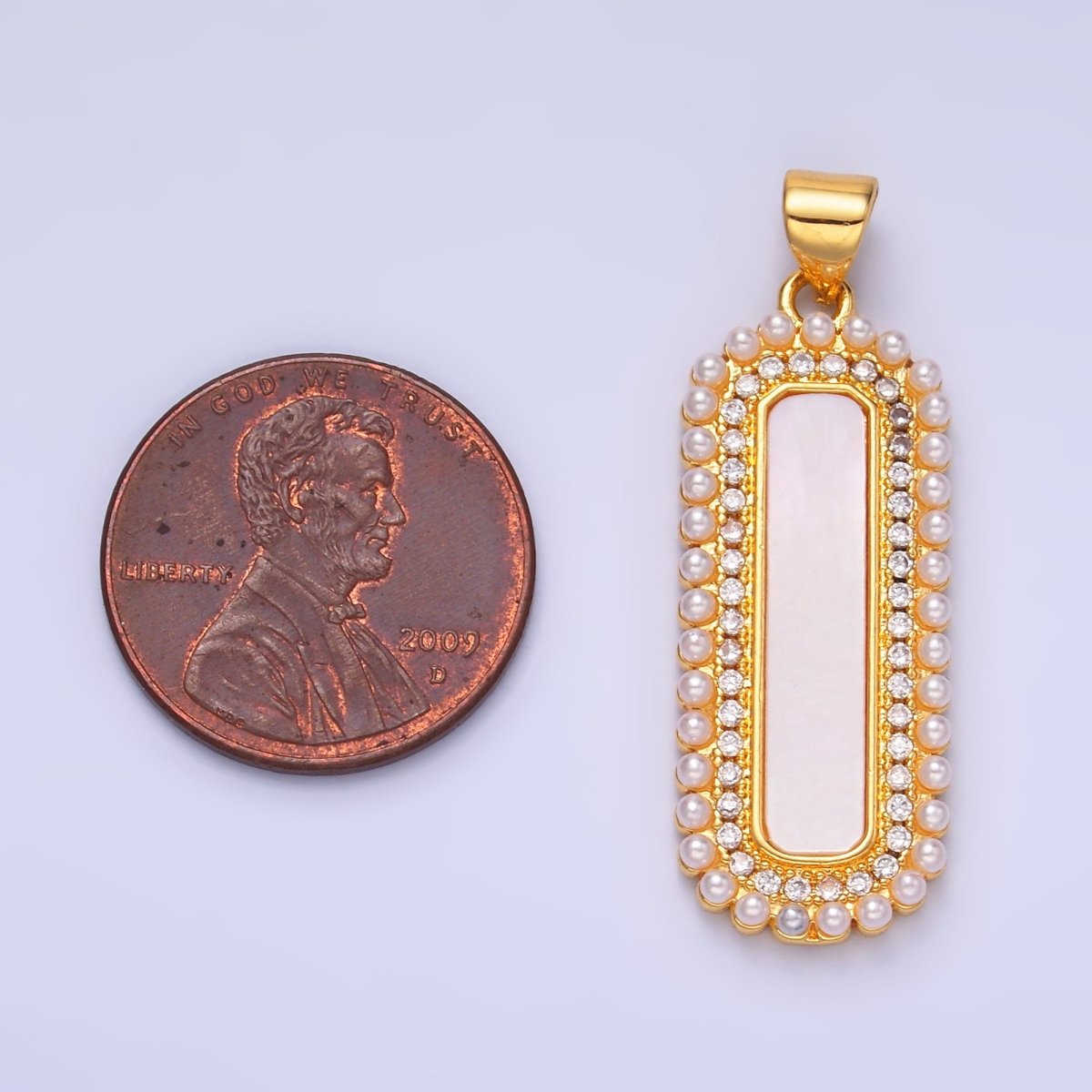 24K Gold Filled Shell Pearl Micro Paved CZ Lined Rectangular Tag Pendant | AA1204 - DLUXCA