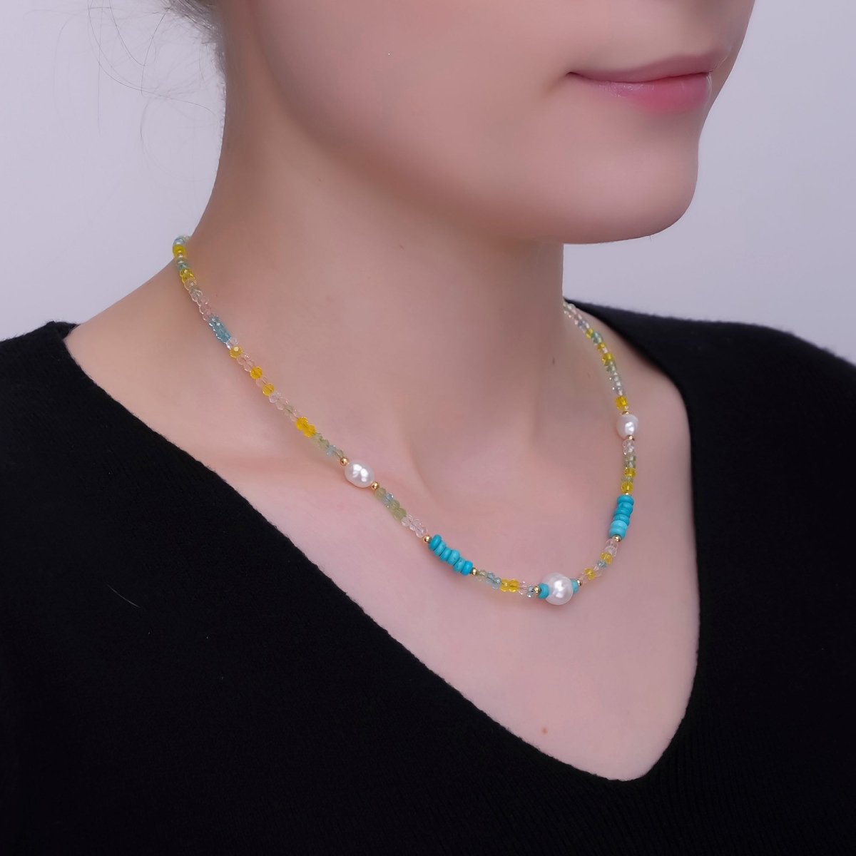 24K Gold Filled Shell Pearl Multicolor Crystal Gemstone 16 Inch Necklace | WA - 2967 - DLUXCA