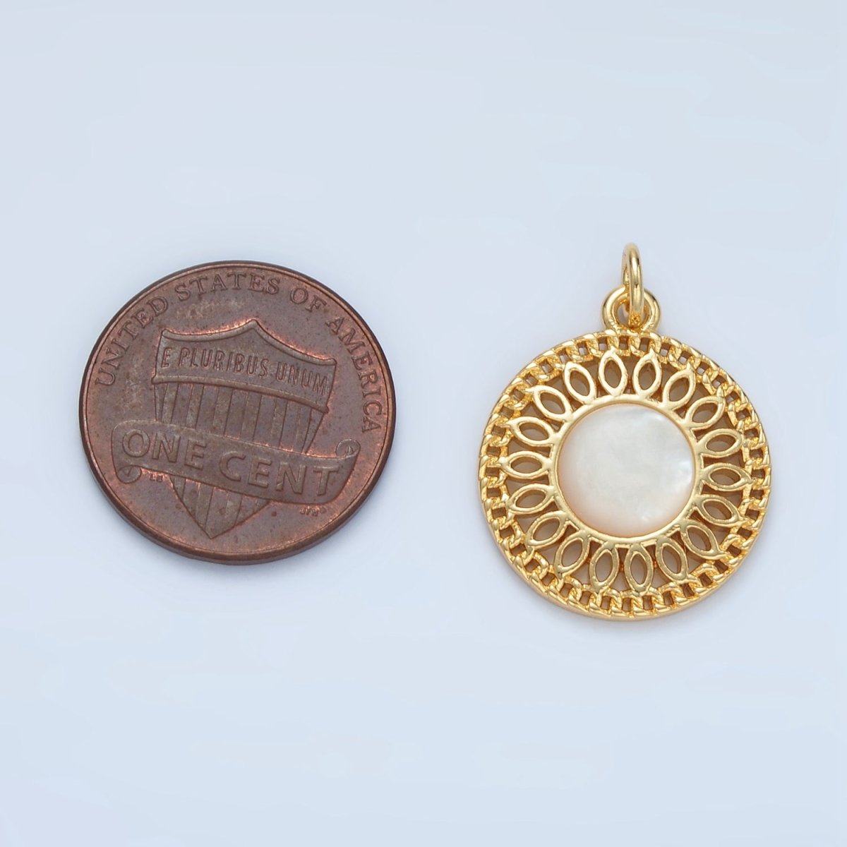 24K Gold Filled Shell Pearl Open Filigree Geometric Round Charm | X303 - DLUXCA