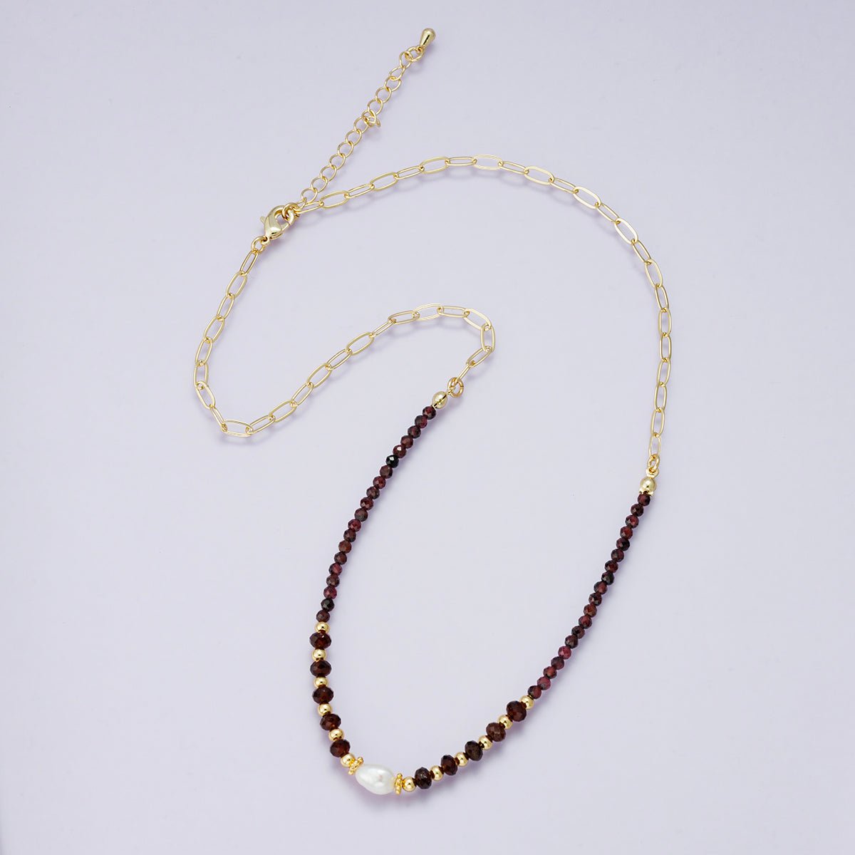 24K Gold Filled Shell Pearl Red Agate Multifaceted Gemstone Ball Paperclip Chain Half 18 Inch Necklace w. Extender | WA - 04237 - DLUXCA