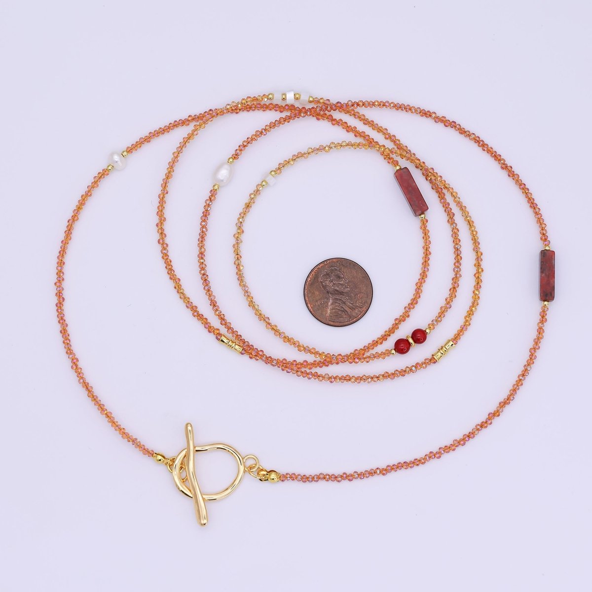 24K Gold Filled Shell Pearl Red Carnelian Orange Crystal Gemstone 40 Inches Necklace | WA - 3076 - DLUXCA