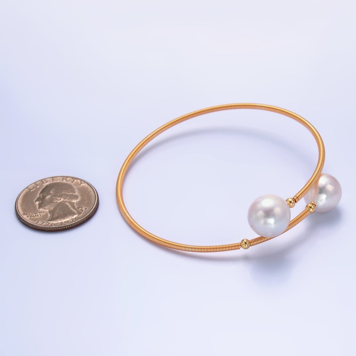 24K Gold Filled Shell Pearl Ribbed Spring Wrap Cuff Bracelet | WA - 2716 - DLUXCA