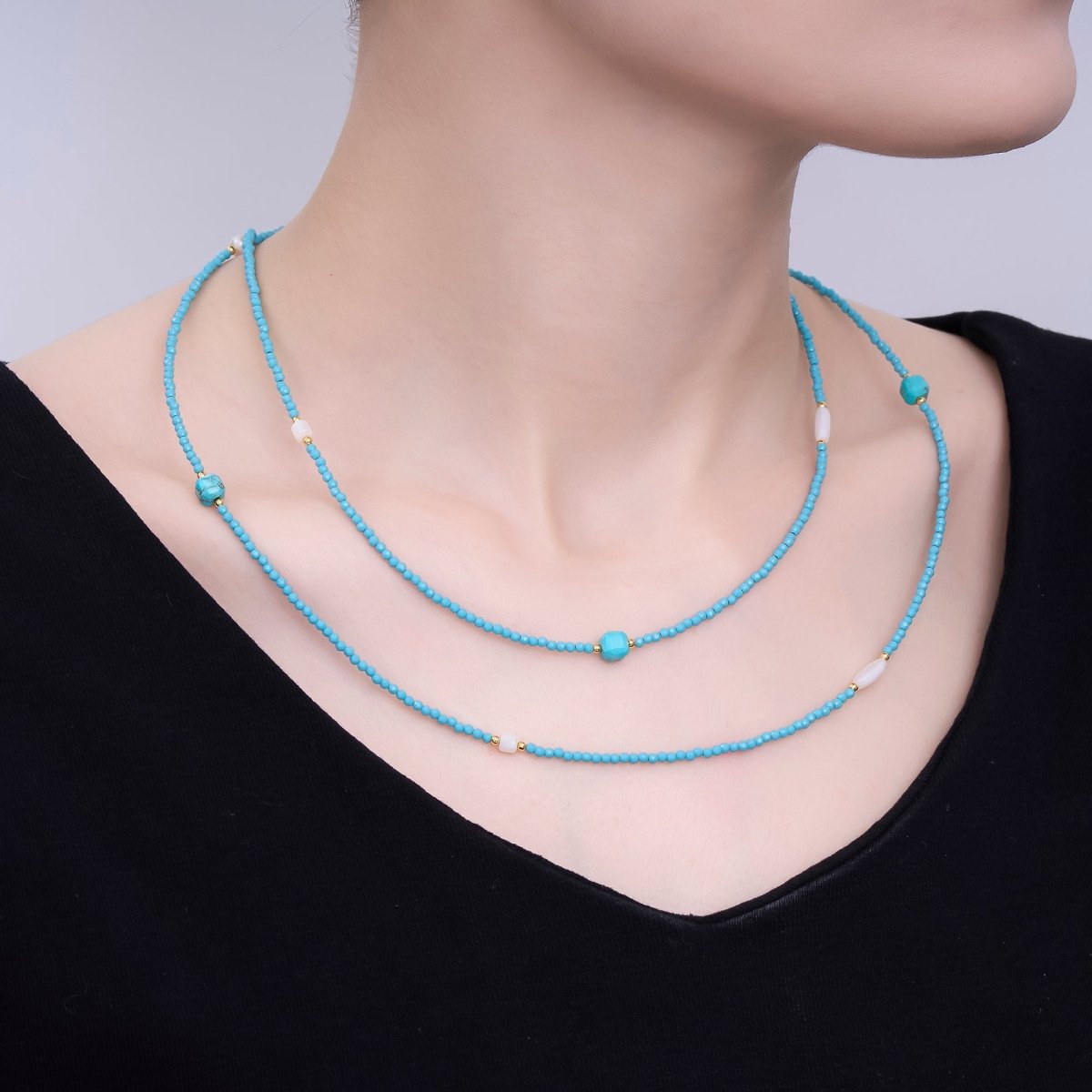 24K Gold Filled Shell Pearl Turquoise Blue Multifaceted Gemstone 40 Inches Necklace | WA - 3080 - DLUXCA