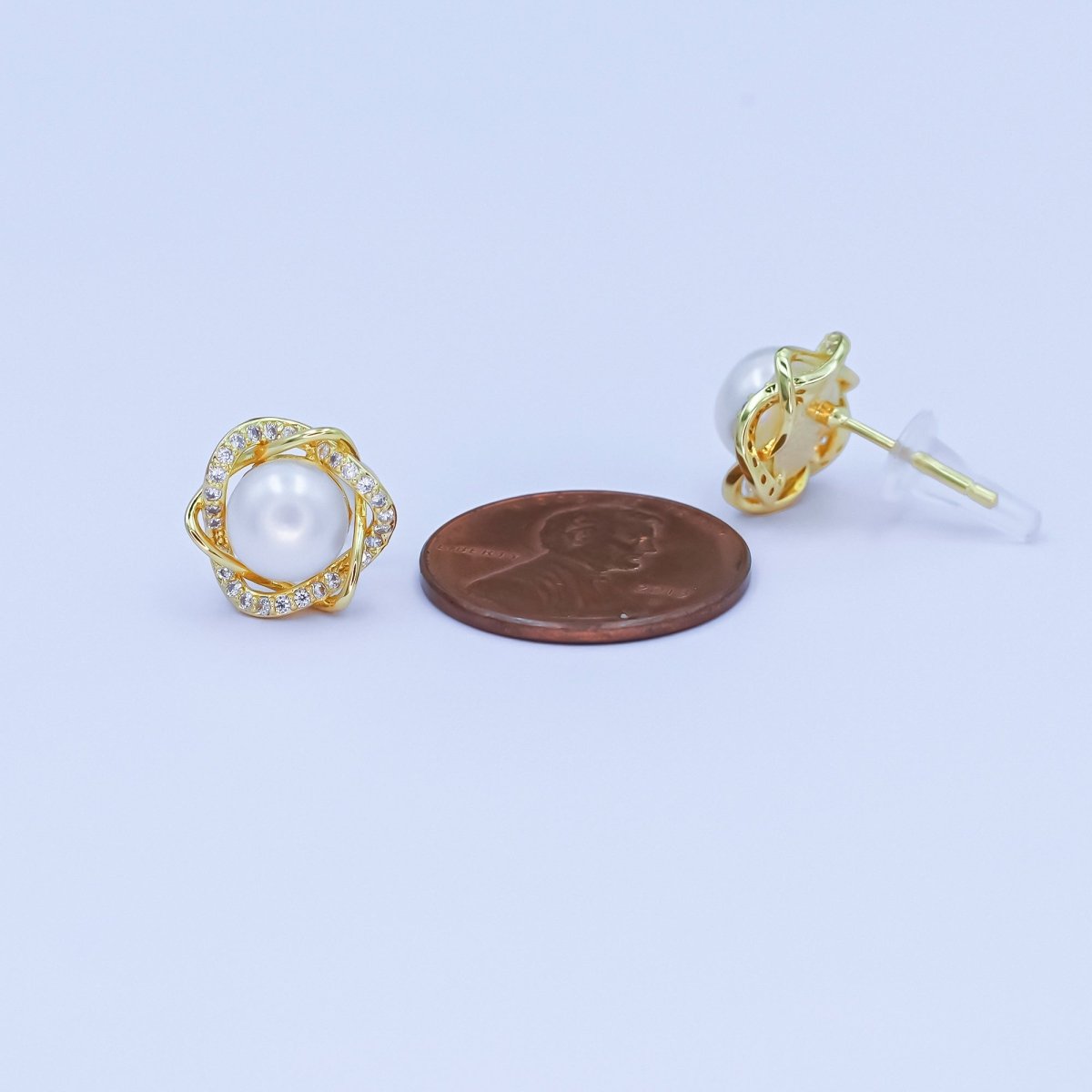 24K Gold Filled Shell Pearl Wave Micro Paved Stud Earrings | AB1103 - DLUXCA
