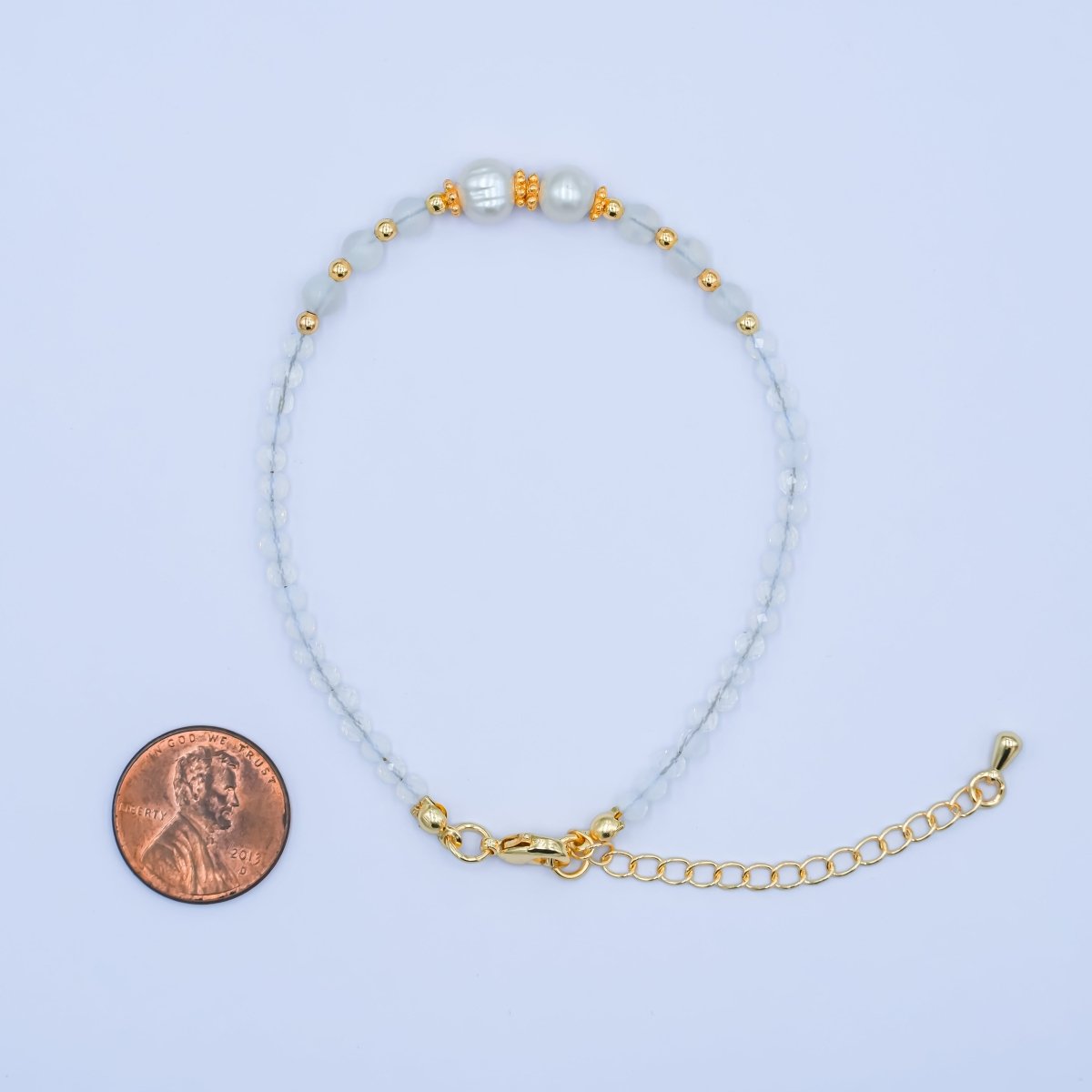 24K Gold Filled Shell Pearl White Crystal Gemstone 7.5 Inch Bracelet | WA - 2891 - DLUXCA