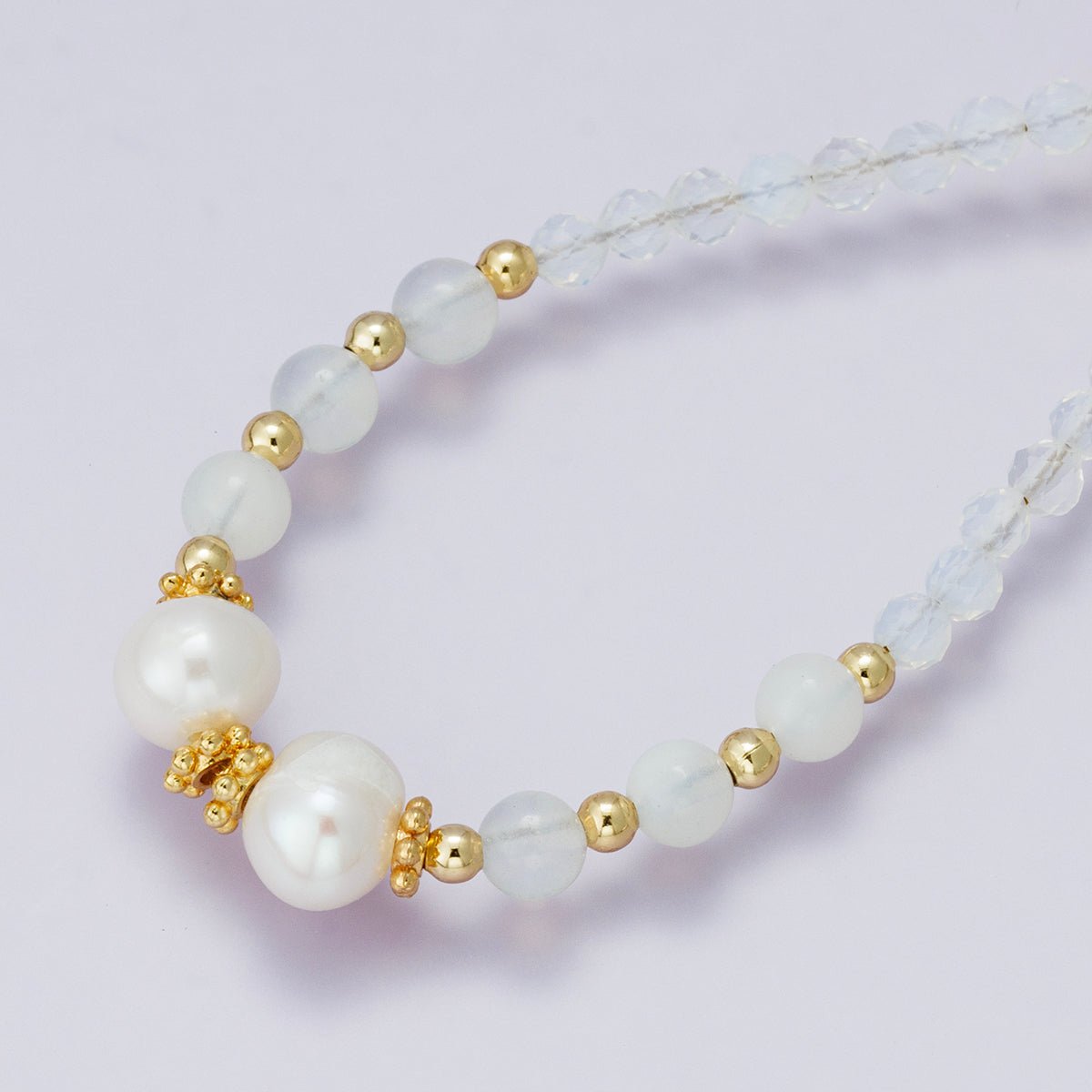 24K Gold Filled Shell Pearl White Opal Multifaceted Gemstone Ball Cable Chain Half 18 Inch Necklace w. Extender | WA - 04236 - DLUXCA