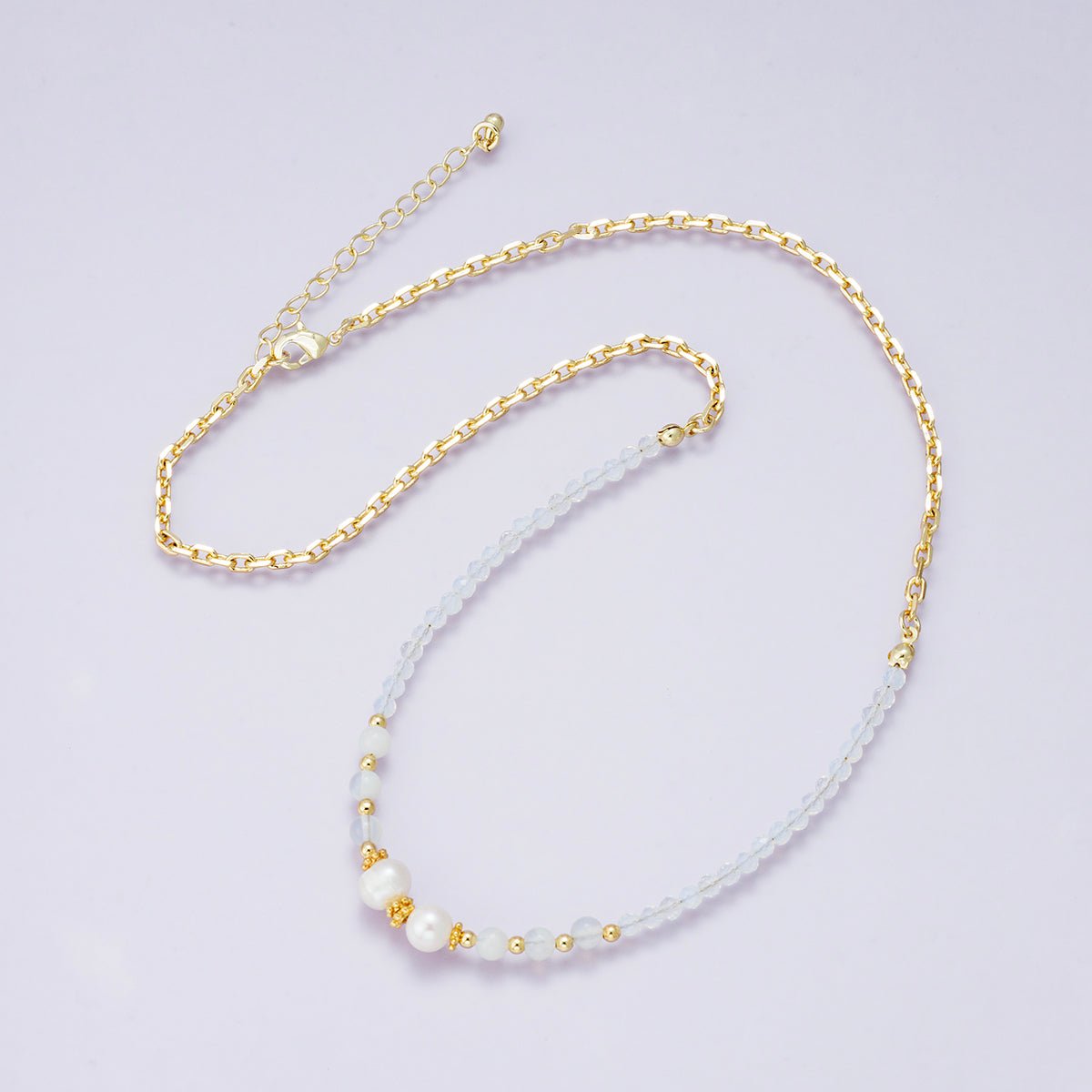 24K Gold Filled Shell Pearl White Opal Multifaceted Gemstone Ball Cable Chain Half 18 Inch Necklace w. Extender | WA - 04236 - DLUXCA