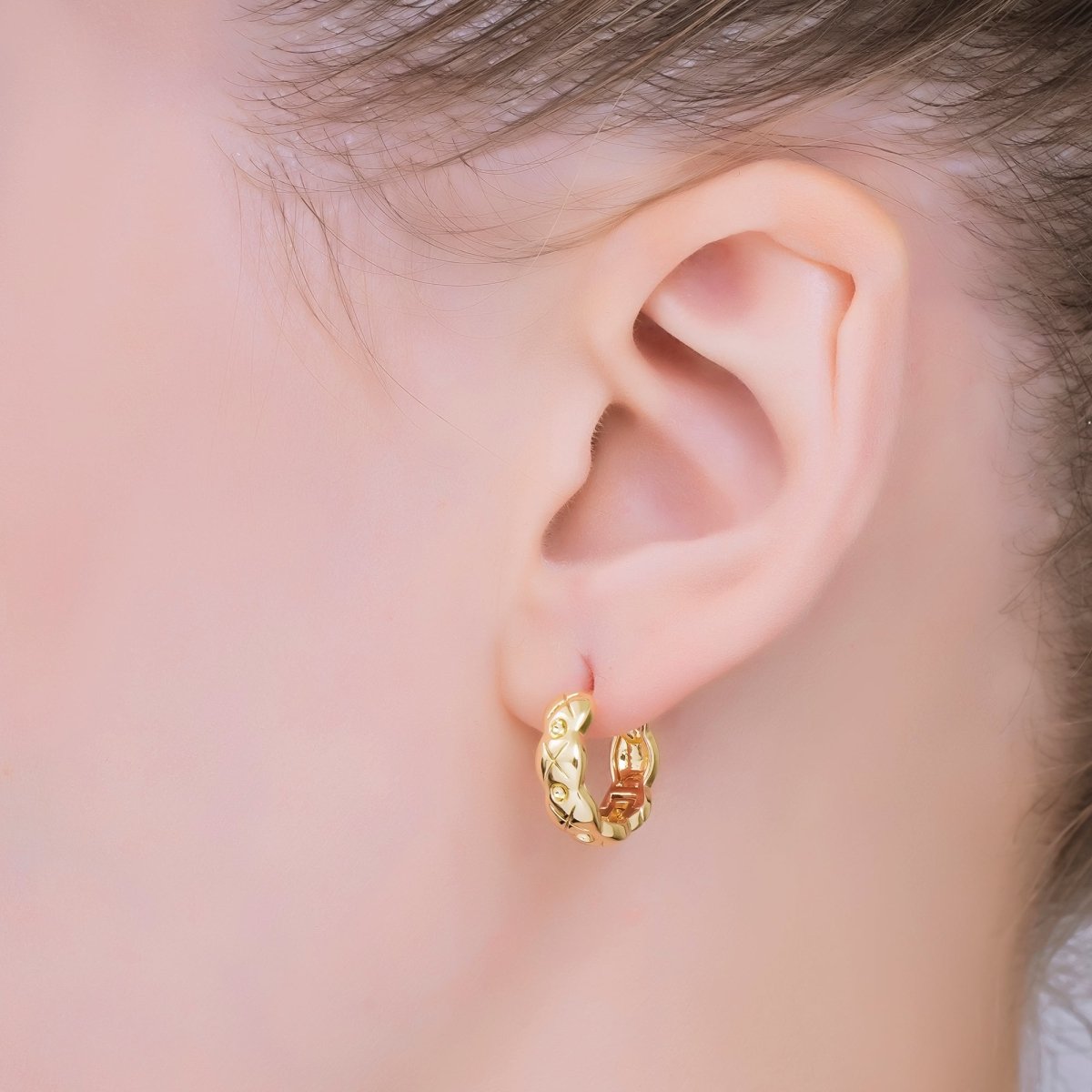 24K Gold Filled Simple Wavy Textured Lever Back Huggie Hoops Earrings | AJ - 062 - DLUXCA